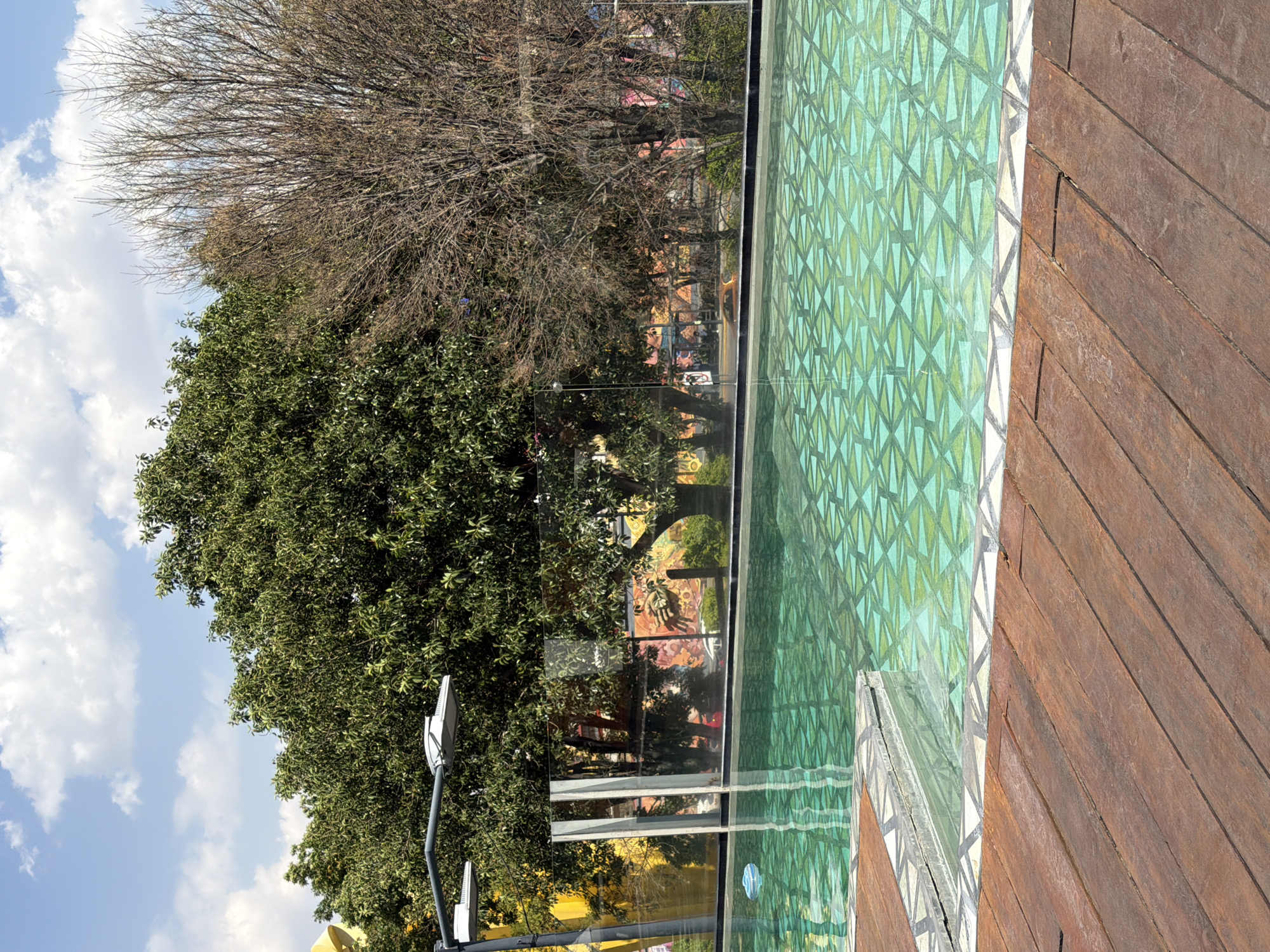 The image depicts an elevated outdoor scene featuring a swimming pool and an urban street view under a partly cloudy blue sky. In the foreground, a reddish-brown wooden deck, constructed from parallel planks, occupies the lower portion of the frame. Immediately adjacent to the deck is the edge of a swimming pool. The pool's interior features light green water and a bottom tiled with a geometric pattern of interlocking triangles and quadrilaterals in varying shades of green. A border of light-colored tiles with a dark geometric pattern delineates the pool's edge, which includes a shallow step on the left. A small, light blue, possibly plastic, object floats on the water near the left edge.
Separating the pool area from the background is a transparent glass barrier, supported by vertical metal posts, one visible on the left. Through and above this barrier, an urban environment is visible. On the left, a large, dense green leafy tree stands next to two modern streetlights mounted on a dark grey pole. To the right, a bare deciduous tree with numerous thin, brown branches is prominent. Beyond the trees, colorful murals or graffiti, displaying shades of yellow, orange, and red, are discernible on background structures, suggesting urban buildings or walls. Faint visual indications of vehicles and potential pedestrian activity are visible at street level through the foliage and glass barrier. No individuals are present in the observable pool area or clearly discernible in the background. The scene is illuminated by bright daylight.