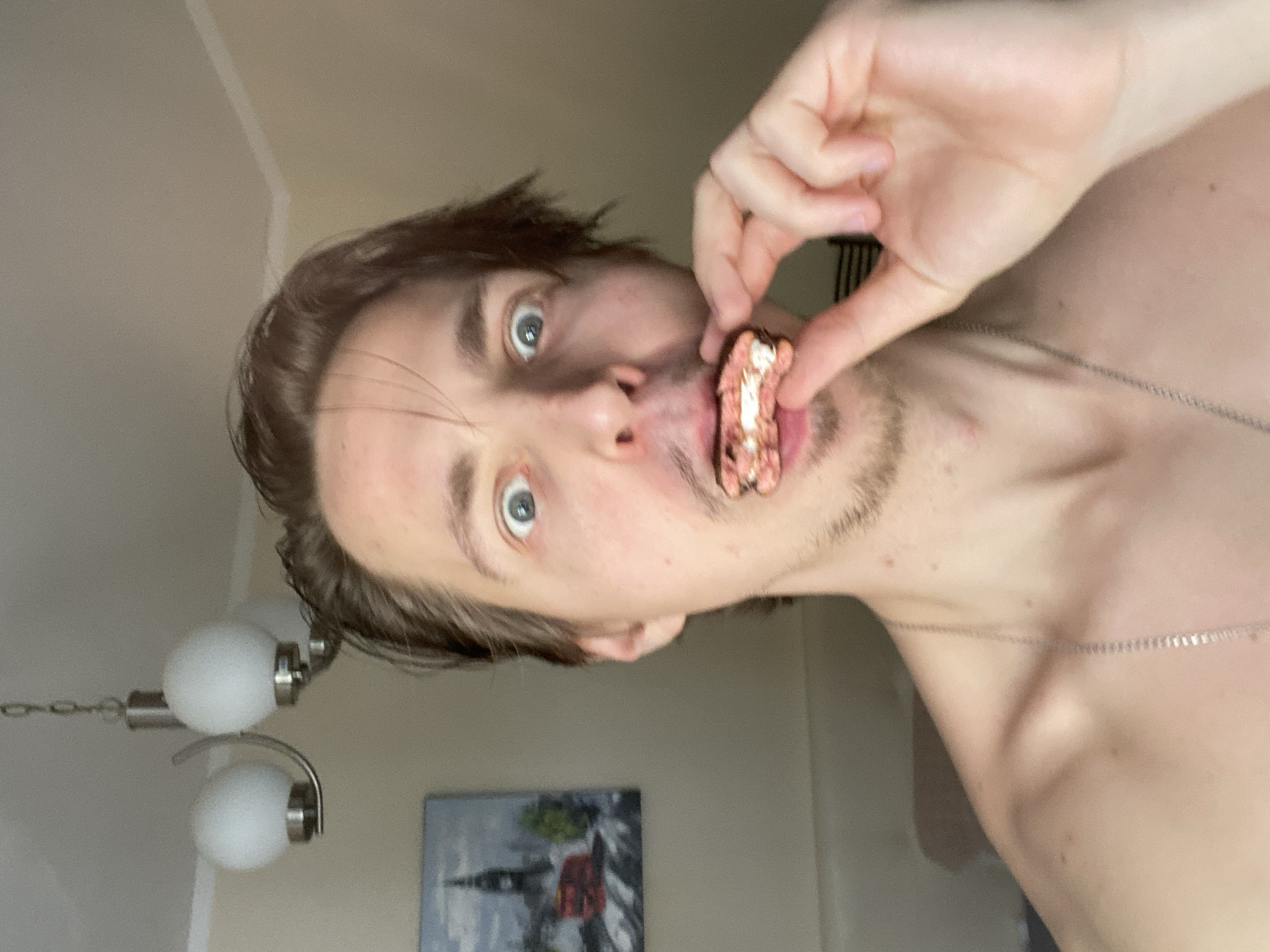 A close-up, indoor shot depicts a shirtless male with light skin, brown hair, and blue eyes. He holds a partially eaten, chocolate-covered dessert sandwich, possibly a cookie or brownie with a cream filling, near his mouth. A thin silver chain necklace is visible around his neck. In the background, a two-bulb light fixture hangs from the ceiling, and a framed artwork is partially visible on the wall, featuring an indistinct landscape scene. No evidence suggests the location is Šušanj, Montenegro.