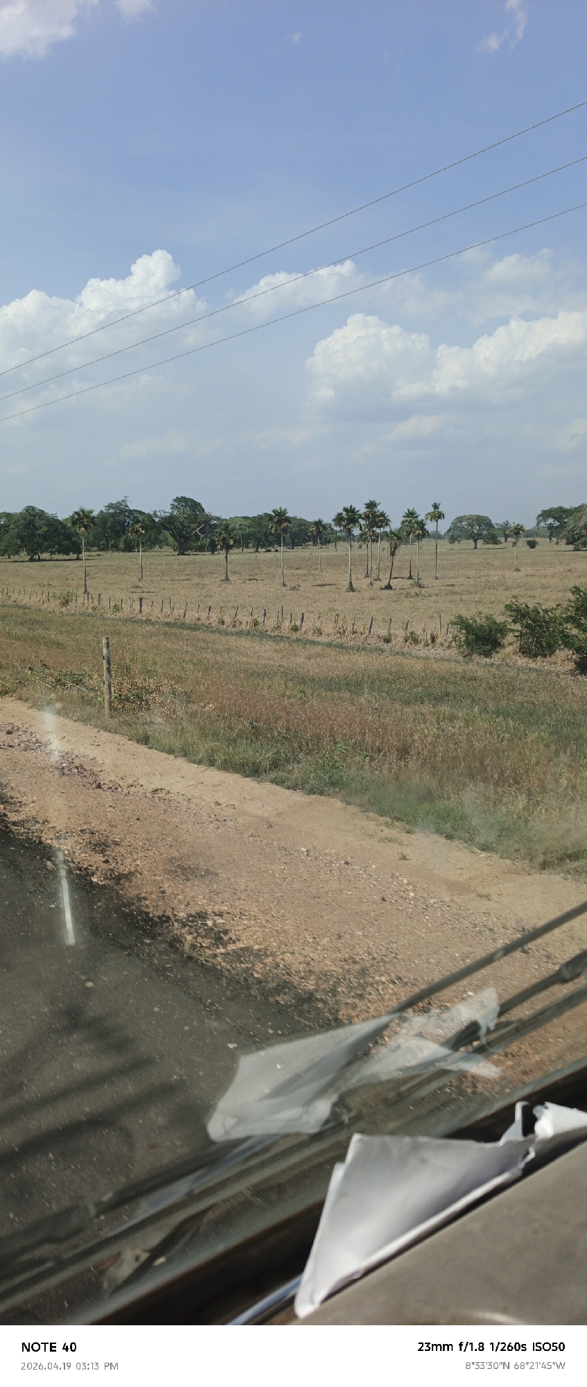 Captured from inside a vehicle on April 19, 2026, at 03:13 PM in what appears to be Cano Negro, Venezuela (8°33'30"N 68°21'45"W), the image shows a rural scene. A field with sparse trees and a simple fence stretches into the distance under a partially cloudy sky. Overhead, power lines cut across the sky. The foreground includes a portion of a dirt road or shoulder, and the interior of the vehicle is visible, including a dashboard with debris or paperwork. The camera settings were 23mm f/1.8 1/260s ISO50.