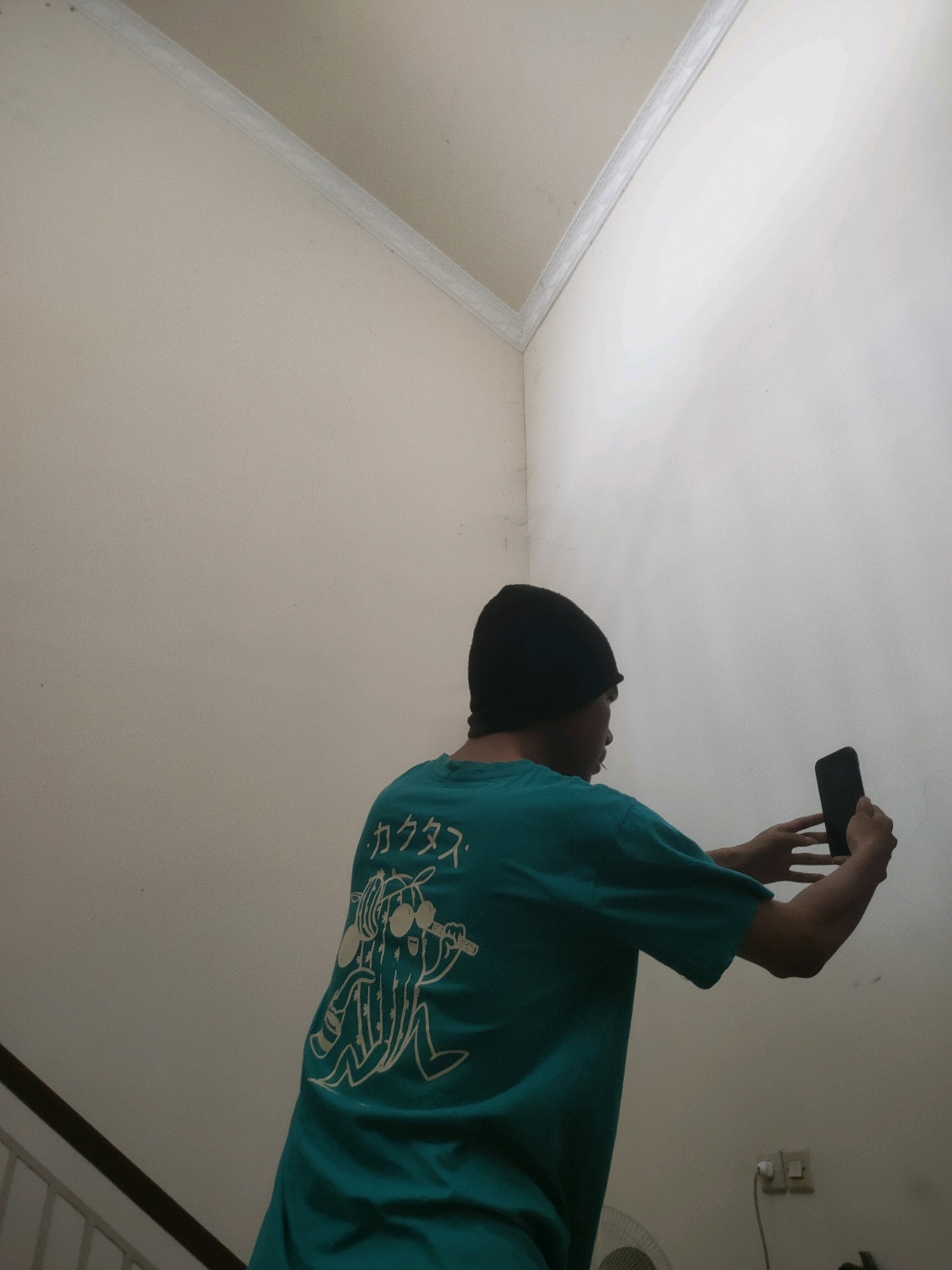 In a dimly lit indoor setting, likely a residential stairwell, a person wearing a black beanie and a teal t-shirt with a white graphic design is holding up a smartphone. The t-shirt graphic appears to be a cartoonish depiction of a cactus figure wearing sunglasses and possibly holding an object. The person is facing away from the camera, towards a white wall, and seems to be taking a selfie or recording a video. The environment shows a plain, light-colored wall with a textured corner where two walls meet near the ceiling. A white crown molding runs along the top of the wall. In the lower left of the frame, a dark railing and white balusters of a staircase are visible. The overall impression is of a casual, private moment captured by the individual.