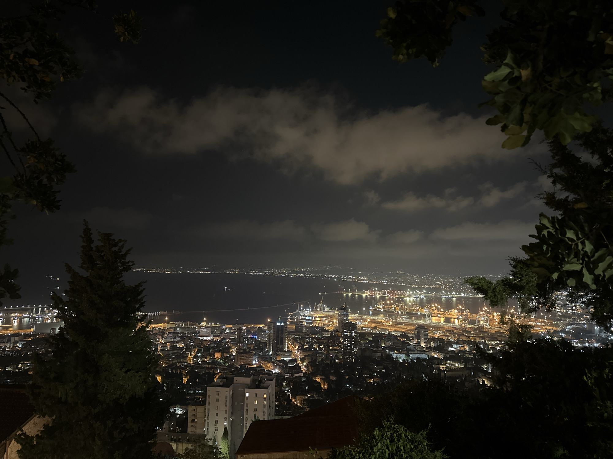 The image is a nighttime, elevated view of the city of Haifa, Israel, overlooking the port and the bay. The foreground is dominated by the dark silhouettes of trees and foliage, framing the scene. Below, the city lights are spread out, with distinct areas of illumination indicating residential buildings, streets, and commercial centers.
Further into the midground, the port area is a hive of activity, with numerous lights from cranes, ships, and port infrastructure. The lights create a warm, yellow-orange glow against the dark water and the sky. Several large ships are visible in the harbor. A long bridge, likely a causeway or part of the highway system, extends across a section of the water in the distance.
The background shows the far shore of the bay, also dotted with lights, suggesting more urban development or coastal towns. The sky is dark, with scattered clouds illuminated from below by the city lights, giving them a soft, diffuse glow. The overall impression is of a vibrant, illuminated cityscape at night, with a busy industrial port as a focal point. There are no visible people or specific actions depicted. The environment is urban and coastal.