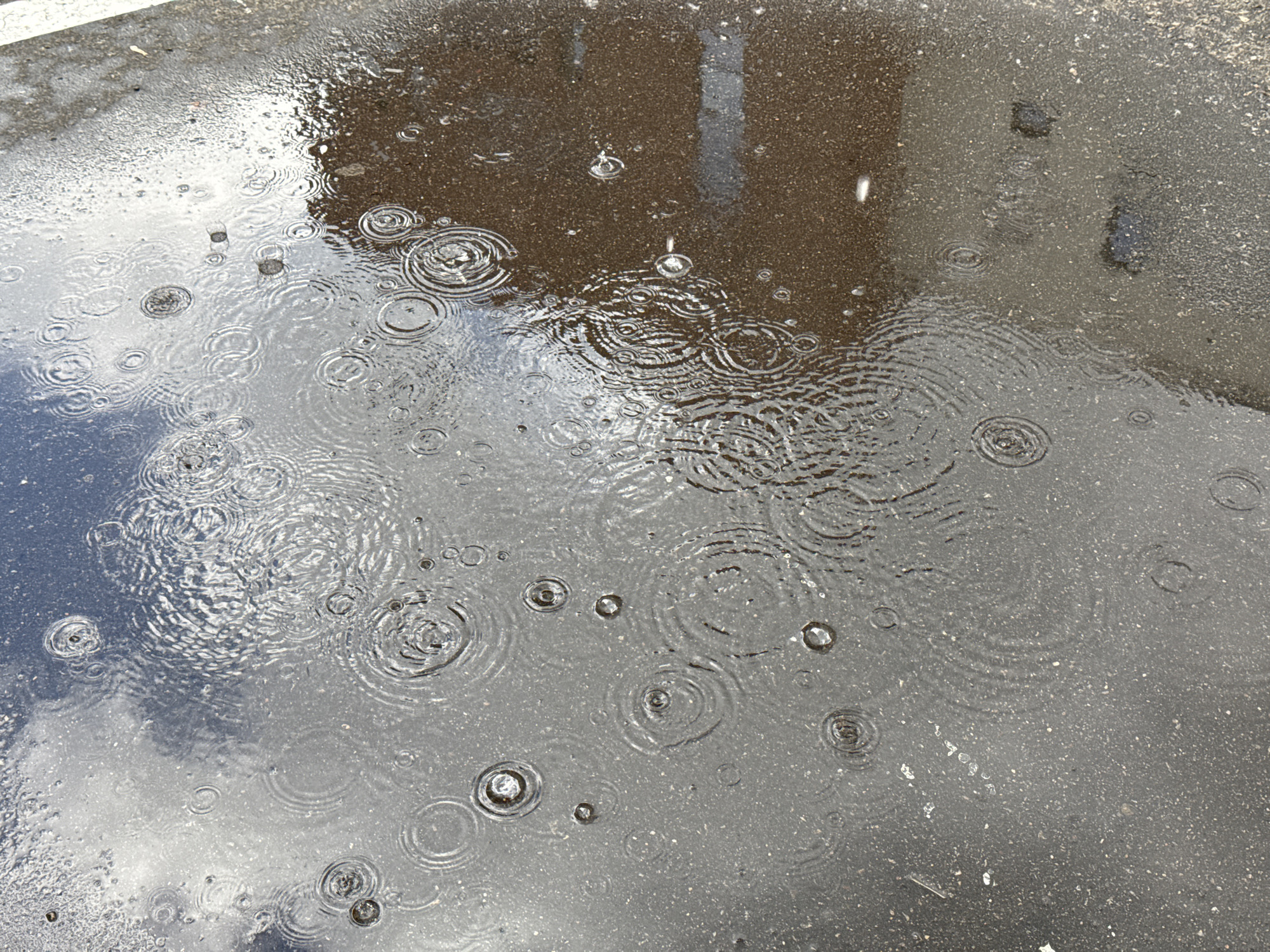 The image shows a puddle on a paved surface, likely asphalt, reflecting the sky and surrounding buildings. Raindrops are creating ripples in the water. The location is unknown, but appears to be an urban area.