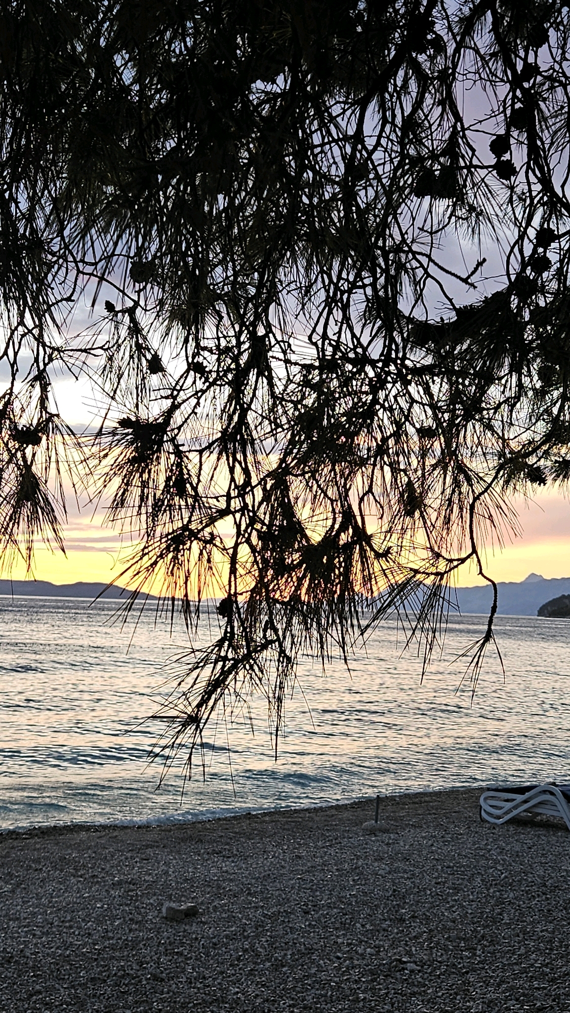 A tranquil beach scene at dusk in Općina Tučepi, Croatia, unfolds under the silhouetted branches of a pine tree. The foreground is a coarse-grained pebble beach, with a few scattered larger stones. To the right, a folded lounge chair with a white cushion and dark frame rests on the pebbles. The sea, with gentle ripples and a light blue-green hue, stretches to the horizon. In the distance, the soft outlines of mountains are visible against a sky painted with the warm oranges, yellows, and purples of sunset. The sky transitions to a soft blue towards the top, with faint clouds. The pine branches, laden with cones, create a dark, intricate pattern against the colorful sky, framing the serene coastal landscape.