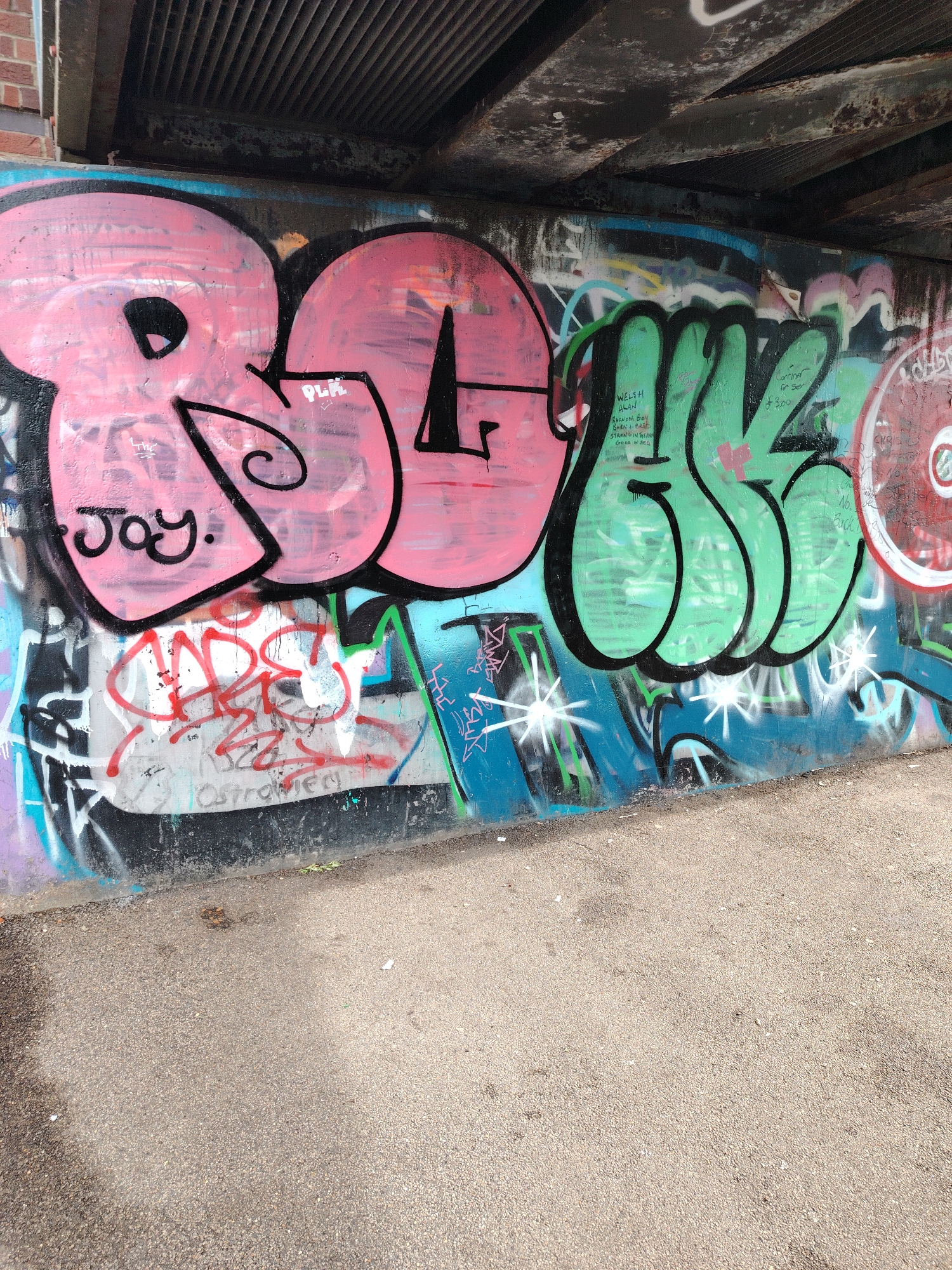 The image displays a graffiti-covered concrete wall situated beneath a metal bridge structure in Peterborough, United Kingdom. The wall is extensively layered with various street art, dominated by large-scale bubble-style graffiti. Prominent on the left are pink letters, which appear to spell "BOLD" or a similar word, with "Joy." tagged in black script below the initial character, and "PLH" tagged on one of the subsequent pink letters. To the right of the pink graffiti, large green bubble-style letters are visible, possibly spelling "GLOW" or "GSS." These green letters contain smaller black ink tags including "WELSH ALAN," "SHEANGA BOY," "BORN + BRED," "STRONG IN SHEANGA," "GREW IN 2012," and "Carina is sex £300." A small red heart is inscribed within one of the green characters. Beneath the pink graffiti, red scrawled text, possibly "CARE," is present, with "Ostrawiec" written below it. The overall background of the wall features a mix of blue, black, and white abstract graffiti with white starburst shapes. Above the wall, the underside of a bridge is visible, characterized by dark, weathered metal grates and beams. A small section of red brickwork is present on the far left, indicating an adjacent structure. The ground in the foreground is a light-colored, coarse-grained paved pathway, showing minor debris such as leaves and a piece of white litter. No individuals or discernible actions are present in the scene.