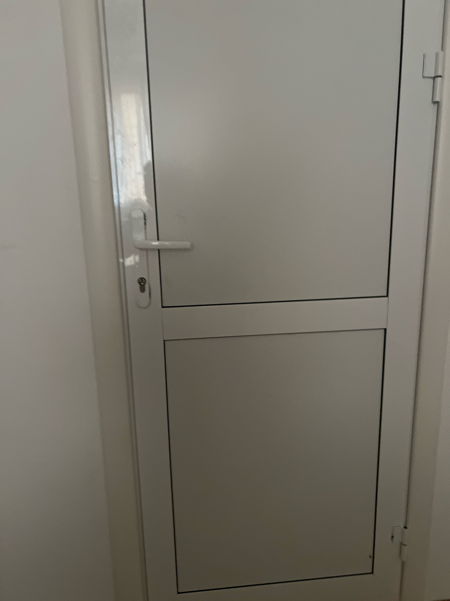 A white, modern door is depicted in the image. The door has a horizontal panel dividing the upper and lower halves, with a horizontal handle and a keyhole on the left side. The door is framed by a white doorjamb, and a white wall is visible to the left of the door. A white hinge is visible on the right side of the door. The lighting in the image is even, with some reflections visible on the door's surface. The scene appears to be indoors, possibly in a residential or commercial building. The location of Novogagatli, Russia, is not evident from the image itself.