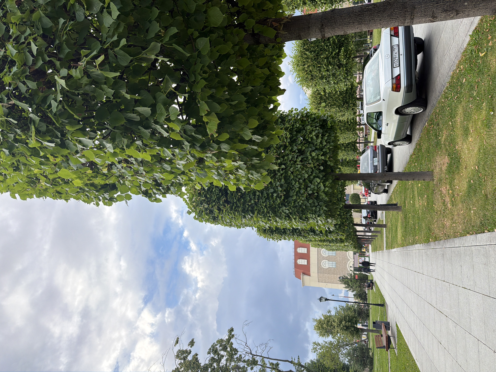 The image depicts a city street scene with a paved walkway and a grassy area lined with trees. Several cars are parked and driving on the street. In the background, a building with a red roof and arched windows is visible. The sky is cloudy. Two people are walking on the walkway, and a bench is present in the grassy area. A street lamp is also visible. The car in the foreground is a white Mercedes-Benz with a green lower body and a license plate that reads "E029TK 197".