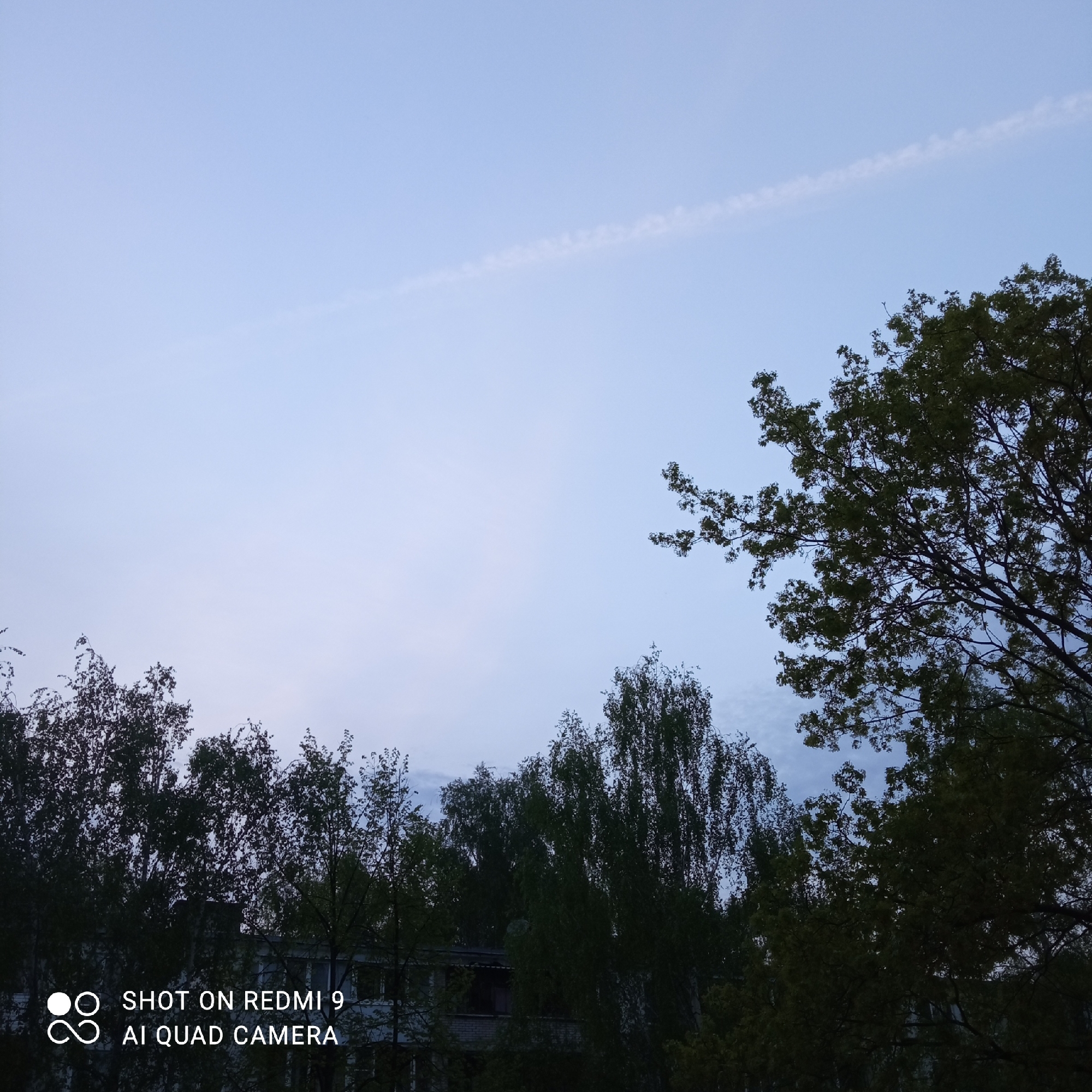 The image shows a sky with a contrail, partly obscured by trees. The trees are in silhouette against the light of the sky. At the bottom of the image, behind the trees, a building can be faintly seen. The image contains a watermark "SHOT ON REDMI 9 AI QUAD CAMERA" on the bottom left. Based on information, the image was taken in the city of Chaikovsky, Russia. No people are visible in the image.