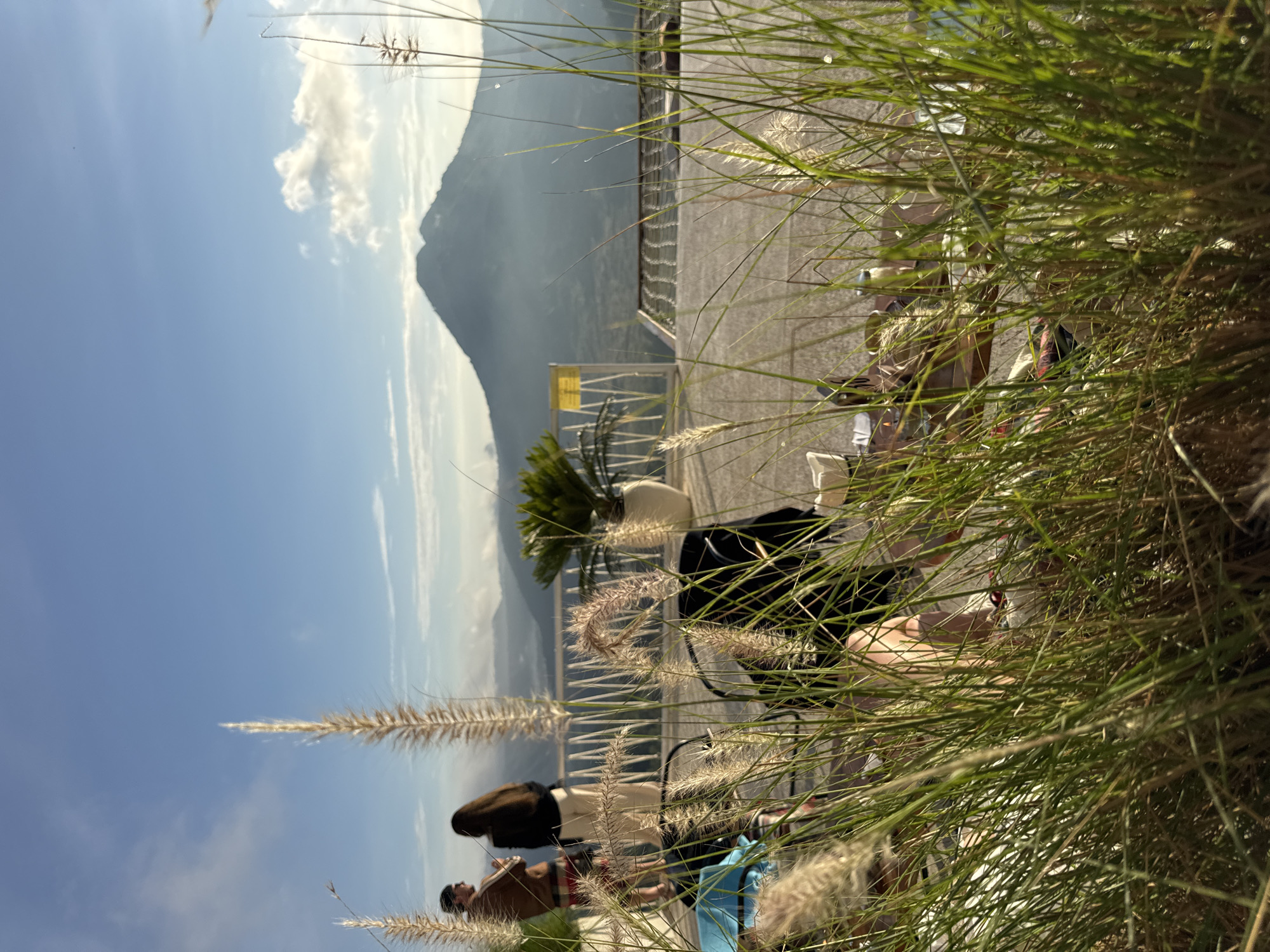 The image shows a landscape in Kedisan, Indonesia, featuring a mountain in the background under a partly cloudy sky. In the foreground, there is tall grass with seed heads obscuring some of the scene. A paved area with a railing is visible, and several people are present, though partially obscured by the grass. There is a potted plant and a yellow sign on the paved area. People in the scene are engaged in various activities, including sitting and looking at the landscape.