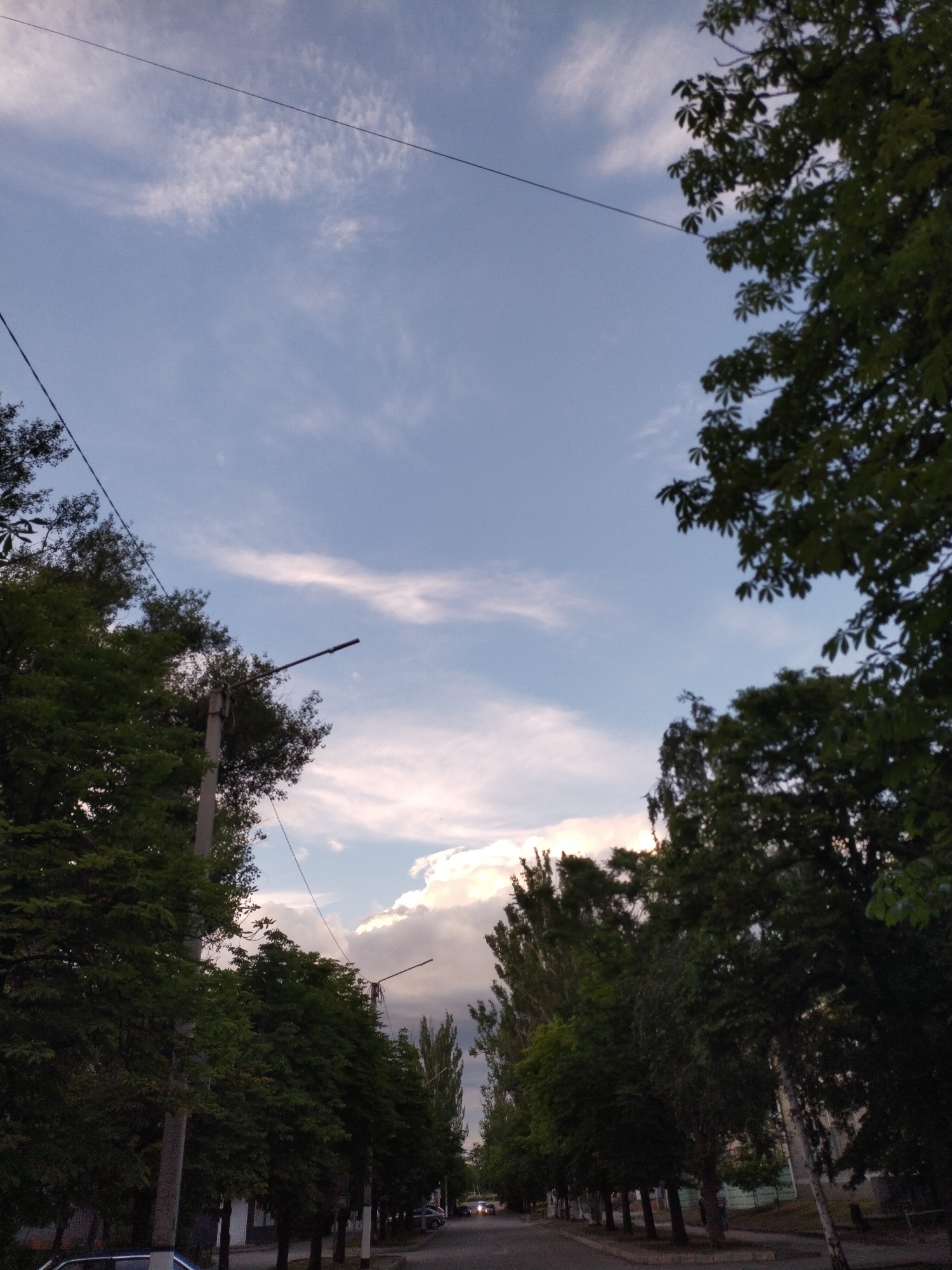 This is a medium-shot, outdoor, eye-level, vertical photograph taken from a street in Horishni Plavni, Ukraine. The sky takes up the upper half of the frame and is filled with light blue sky and scattered white clouds, some of which are tinged with pink from the setting sun. A thin black wire stretches diagonally across the sky from the top left to the top right. On the right side of the frame, a large tree with dark green leaves partially obscures the sky. On the left side of the frame, a tall utility pole with a lamp fixture extends upwards. Below the sky, a tree-lined street is visible, with a row of dark green trees lining the left side of the road. The trees cast shadows on the asphalt road. On the right side of the road, there is a sidewalk with some buildings visible in the distance. A few cars are parked along the side of the road, and a car is driving down the street in the distance, its headlights illuminated. The overall scene depicts a quiet street in a city during dusk.
