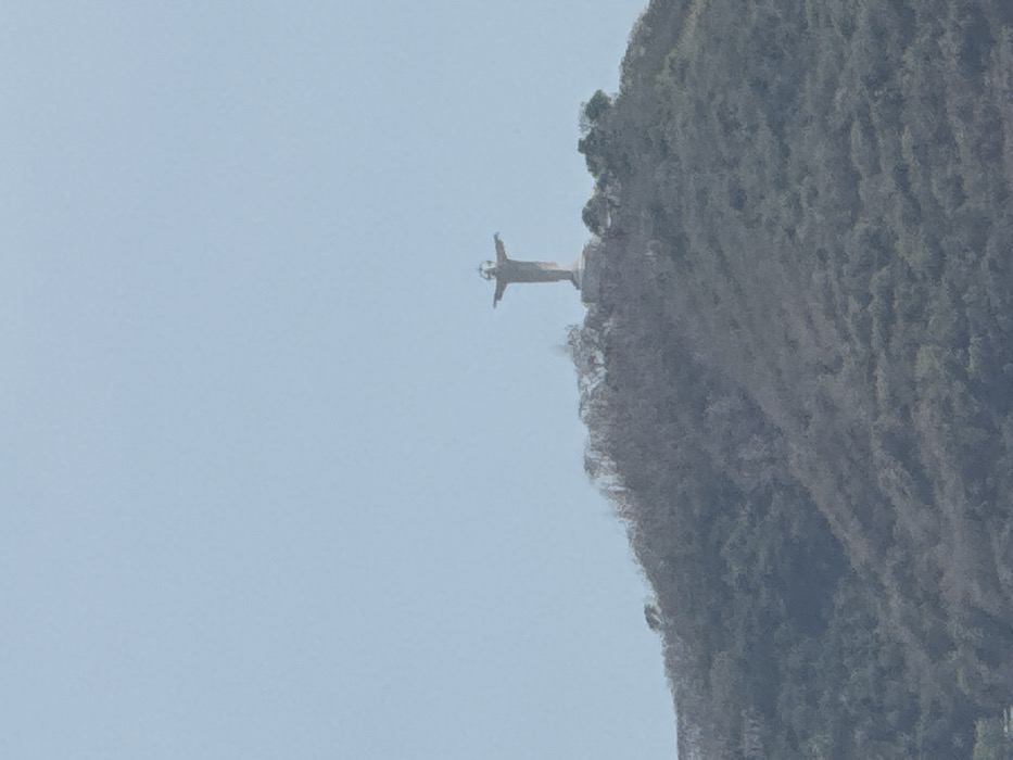 The image shows the Christ the Redeemer statue in Rio de Janeiro, Brazil, positioned atop Corcovado Mountain. The statue, with its outstretched arms, faces the viewer. The sky is a pale blue. The mountain is covered in dense foliage and appears to be somewhat tilted in the frame. The statue stands out against the backdrop of the sky and mountain vegetation.