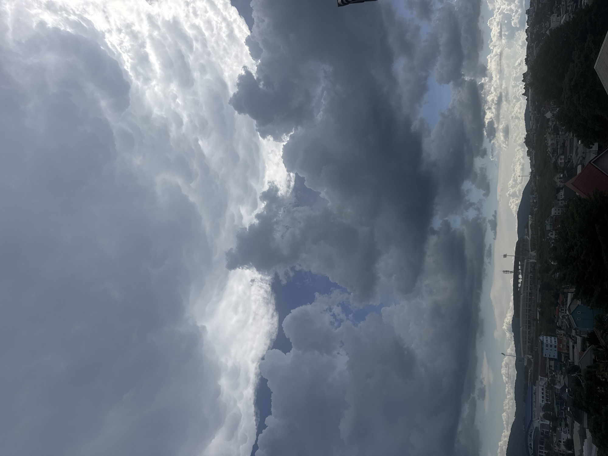 The image shows an urban landscape in Lam Vien - Da Lat, Vietnam, under a sky dominated by dramatic clouds. The sky consists of bright, white clouds contrasting with darker, ominous gray storm clouds. Between the cloud formations, patches of blue sky are visible.
Below the clouds, a city stretches along a valley or slope. Various buildings, structures, and vegetation can be seen. It is difficult to precisely identify the specific buildings or activities occurring within the urban area from this perspective. The overall impression is of a city in a valley with a cloudy and changeable sky above.
