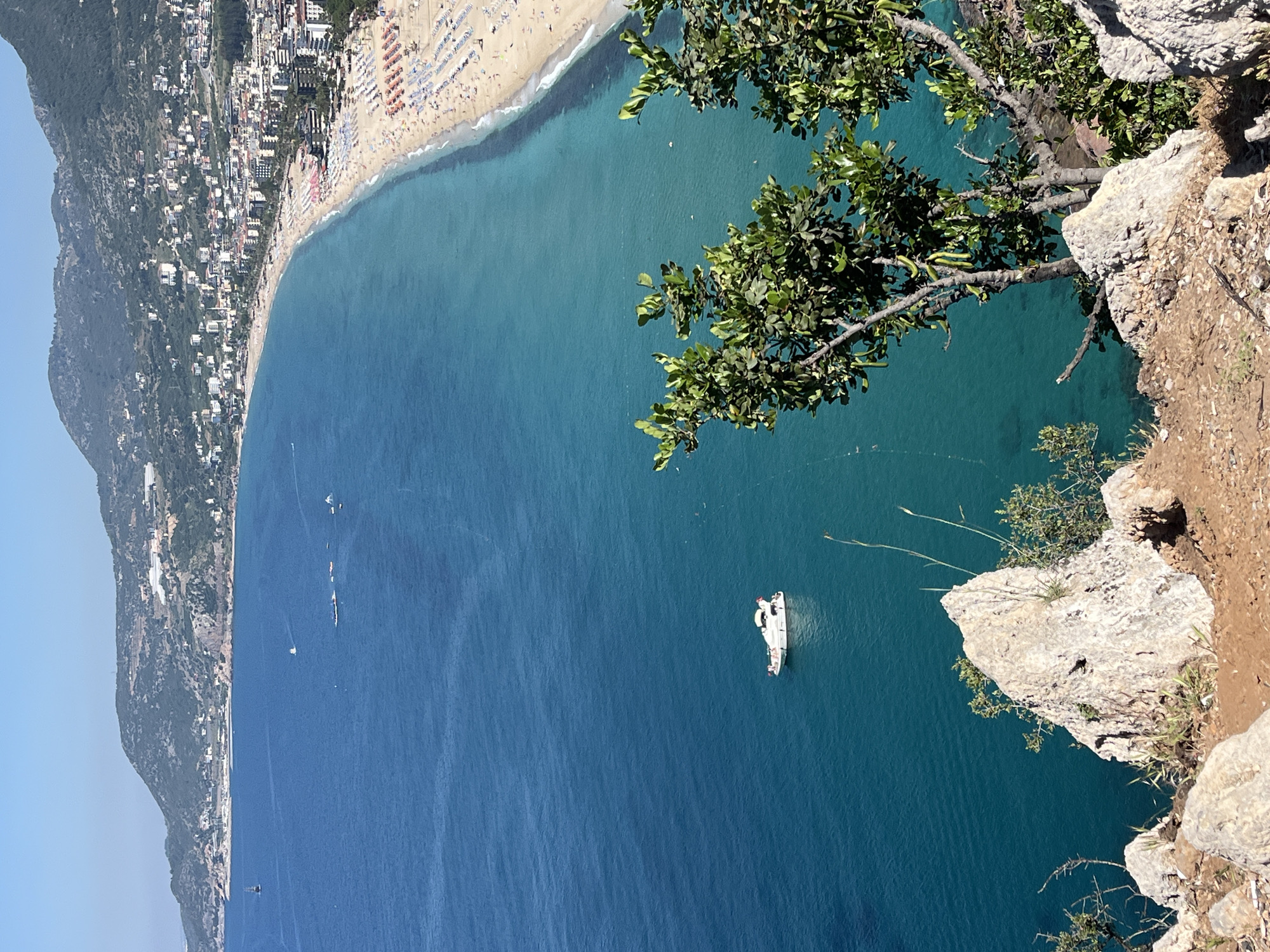 The image captures a high-angle view of a coastal scene in Alanya, Turkey, looking out over the sea and beach. The composition includes rocky cliffs in the foreground, with a small tree growing from the edge. Below, the turquoise water of the Mediterranean stretches out, gradually deepening in color away from the shore. A single white boat sits in the water. Along the left side of the image, the coastline extends with a sandy beach lined with numerous beach umbrellas and people, indicating a popular tourist destination. Behind the beach, a dense cluster of buildings is visible, with a mountainous terrain as a backdrop. The sky is clear.