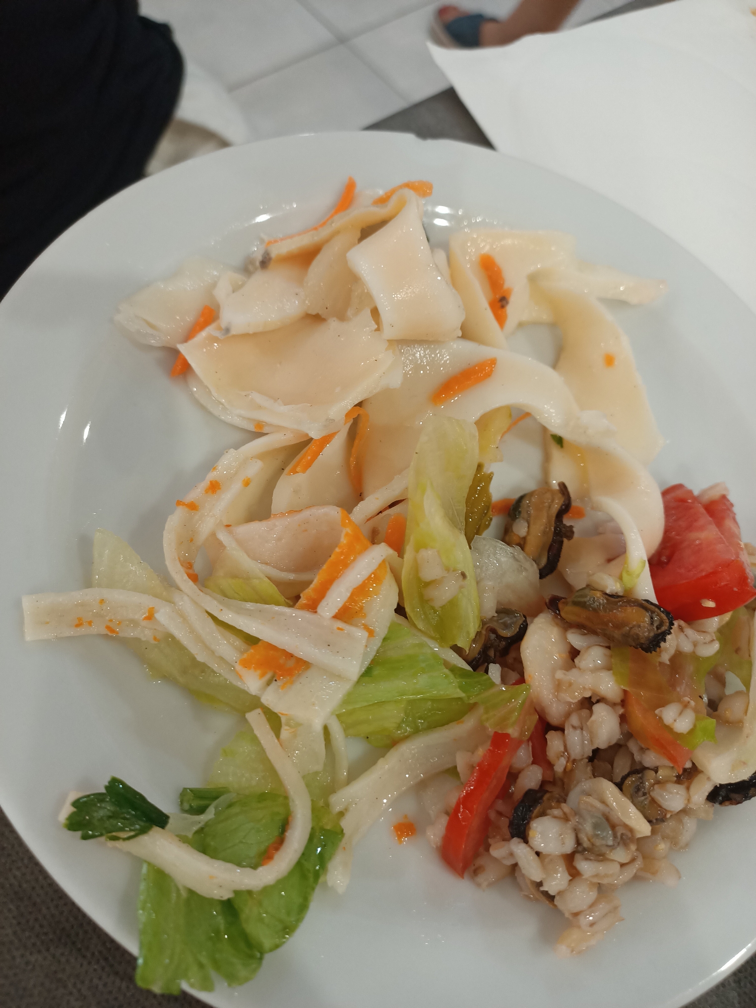 A close-up, eye-level shot shows a white plate filled with a seafood salad. The salad is composed of various ingredients including white pieces of squid or cuttlefish, shredded carrots, lettuce, mussels, rice, red bell peppers, and a piece of tomato. The food is arranged artfully, with some pieces overlapping. The background is blurred, but appears to be an indoor setting with tiled walls and a surface that could be a table or counter. A dark fabric, possibly clothing, is visible in the upper left corner.