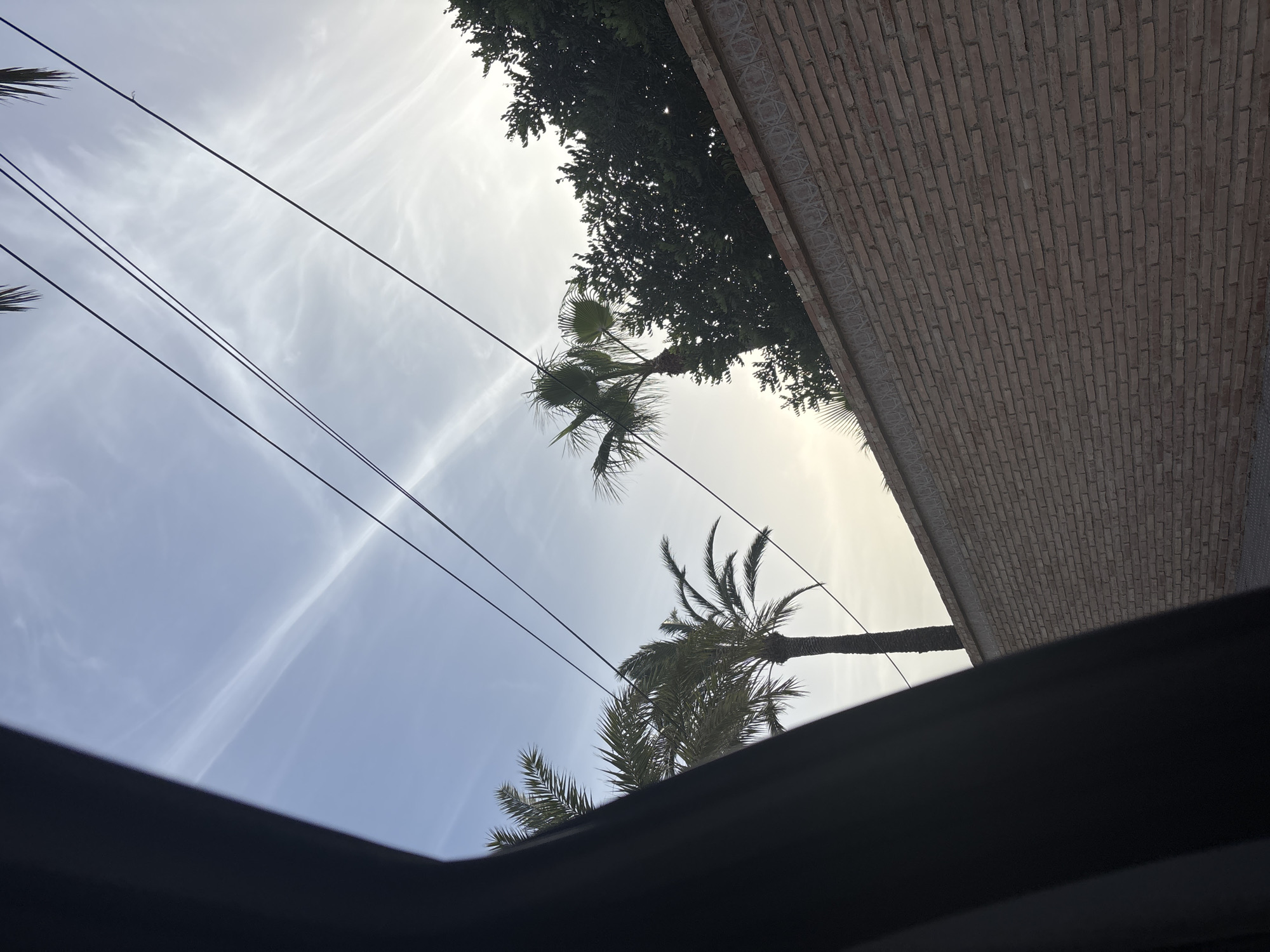 The image shows a view of palm trees and a brick wall against a cloudy sky, with power lines crossing the frame. The perspective is from a car, as indicated by the dark curved object on the left side, likely a car pillar. The scene is set in Urbanización Cabo Roig, Spain. The brick wall is constructed with a decorative frieze near the top. Lush green trees are visible behind the wall and to the right, with palm trees silhouetted against the sky. The sky is a pale blue with wispy white clouds and hints of sunlight towards the horizon.