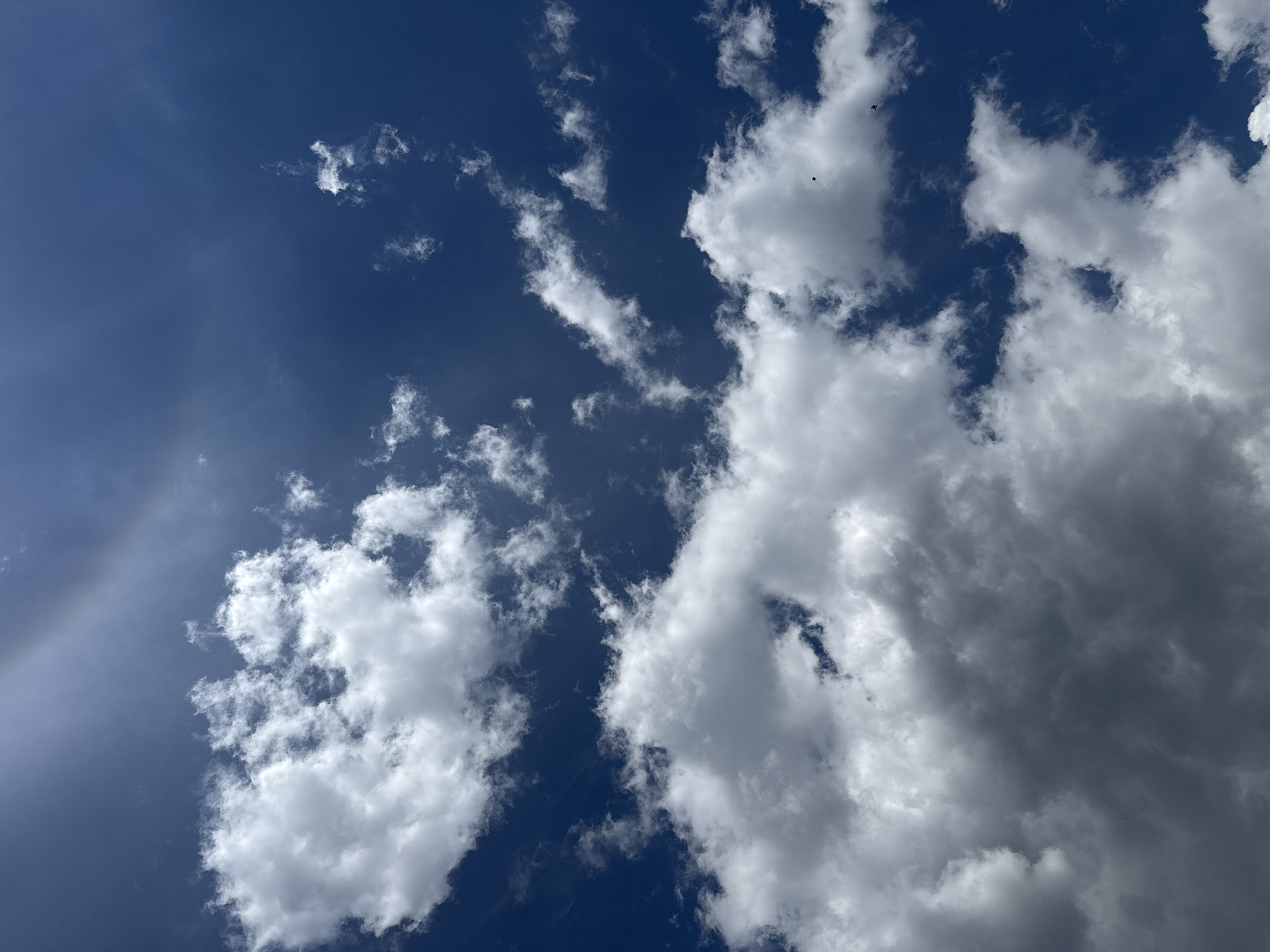 The image shows a bright blue sky with scattered white and grey clouds. In the upper left quadrant of the sky, a faint arc of a rainbow is visible. In the lower half of the image, the clouds are denser and appear to be darker, suggesting they may be cumulus clouds. There are a few small dark specks in the sky that could be birds or insects. The overall scene is one of a partly cloudy day. The image is a photograph taken outdoors, looking upwards at the sky. There are no visible structures or human figures in the frame. The photograph does not provide any information about the location in the city of Bucha, Ukraine.