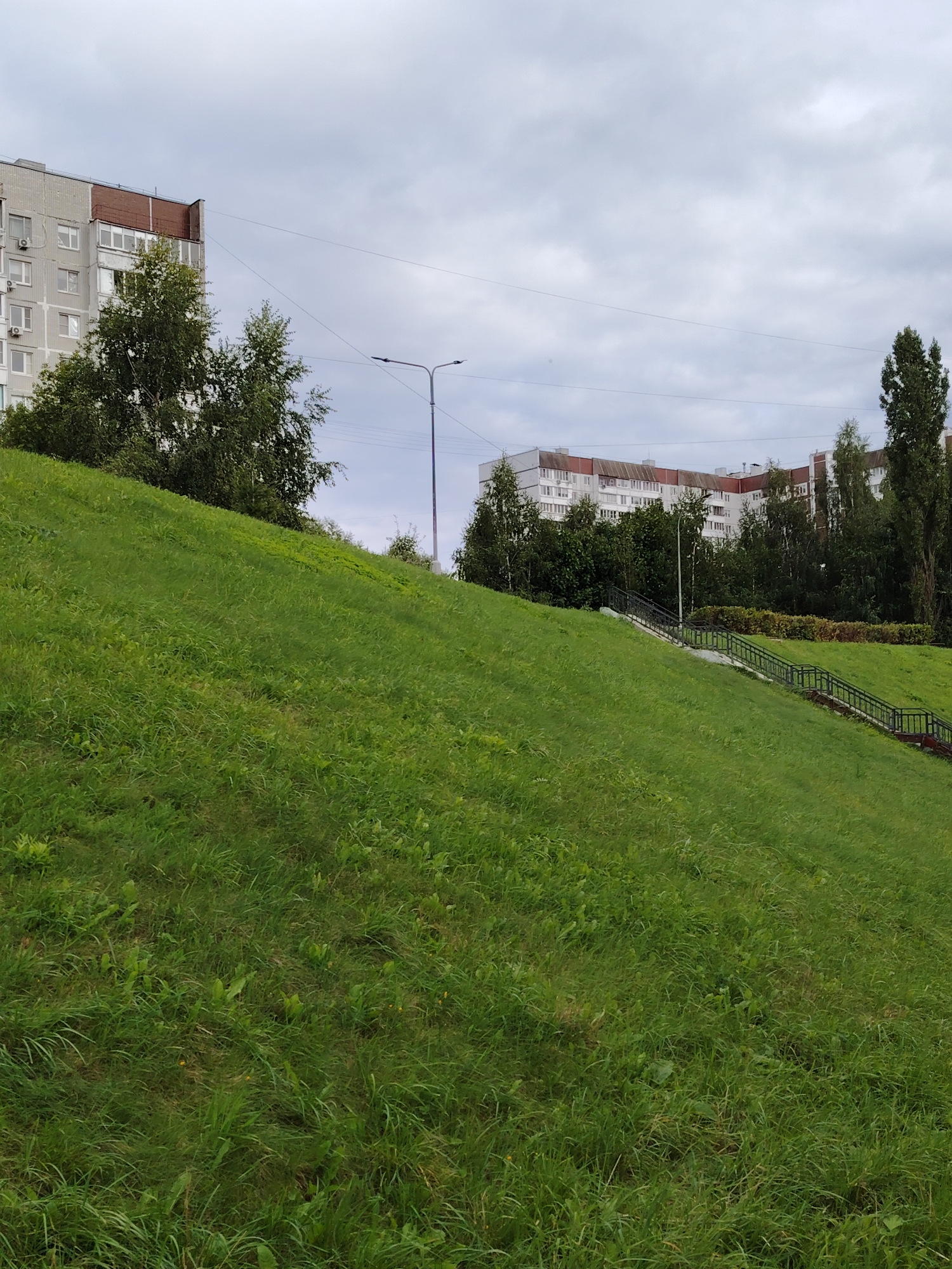 The image depicts a grassy embankment leading up to a residential area with multi-story buildings in Zelenograd, Russia. The embankment is covered in green grass, and a set of black metal stairs with handrails ascends the slope. In the background, there are several apartment buildings, some with red-tiled roofs, and scattered trees. A street lamp is visible on the embankment, and utility wires stretch across the sky. The sky is overcast with clouds. The scene appears to be a public space within a city.
