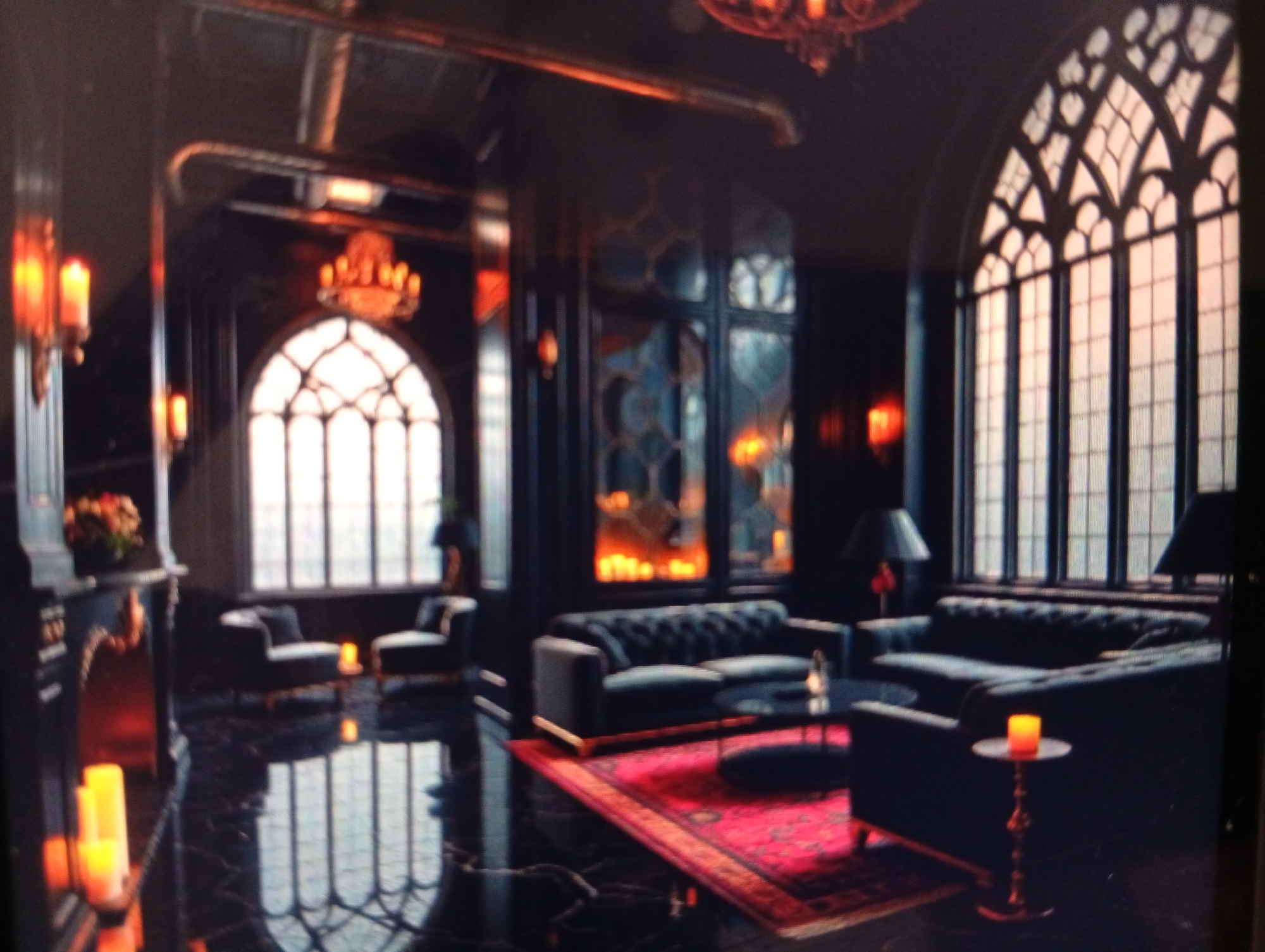 The image shows a dimly lit, luxurious interior. Two large, arched windows with intricate tracery dominate the back walls, providing some natural light. A chandelier hangs in the center of the room, and sconces are mounted on the walls, providing additional illumination. Two dark, tufted sofas are positioned on a red rug with geometric patterns. A round coffee table sits between them. Two chairs face a fireplace with a flower arrangement and another window. Candles are placed throughout the room on stands and near the fireplace. The floor is highly polished, reflecting the light and window patterns. The decor suggests a gothic or opulent style. The location is impossible to ascertain from the image. No evidence suggests the location is Dutsen Alhaji, Nigeria. There are no people visible.