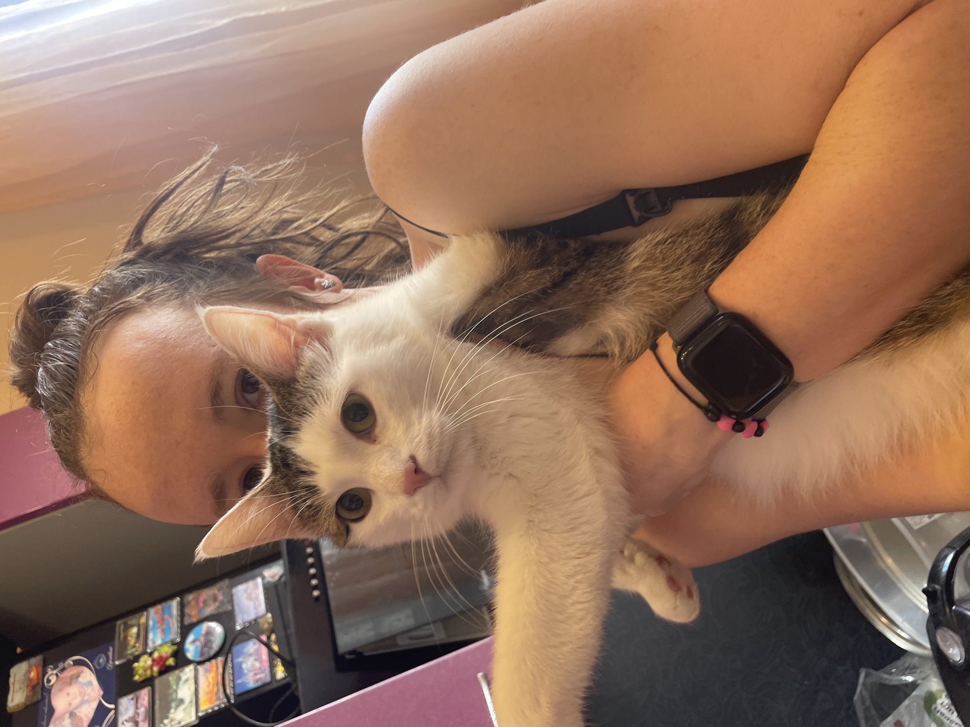 A rotated, brightly lit, indoor photograph captures a person holding a cat. The person, whose face is partially visible on the left side of the frame, has dark hair pulled back and appears to be looking towards the camera. They are wearing a black sports bra or similar top, and a black smartwatch with a grey band is on their left wrist, accompanied by a pink and black beaded bracelet. A small silver stud earring is visible in their right ear.
The cat, held in the person's arms, is primarily white with brown and grey tabby-like patches on its head and back. It has striking green-yellow eyes, a small pink nose, and prominent white whiskers, gazing directly at the viewer with a curious expression. One of its white paws, with visible pink pads, extends towards the bottom of the image.
The background on the left and bottom features a purple surface and a black board or shelf displaying an assortment of small magnets, framed pictures, and decorative items. Part of a monitor or screen is also visible. The upper right and top sections of the background are blurred, showing a light-colored ceiling or wall, along with indistinct objects on a dark surface, possibly including kitchenware like lids and part of an appliance. The lighting indicates it is daytime. No discernible text is visible in the image.