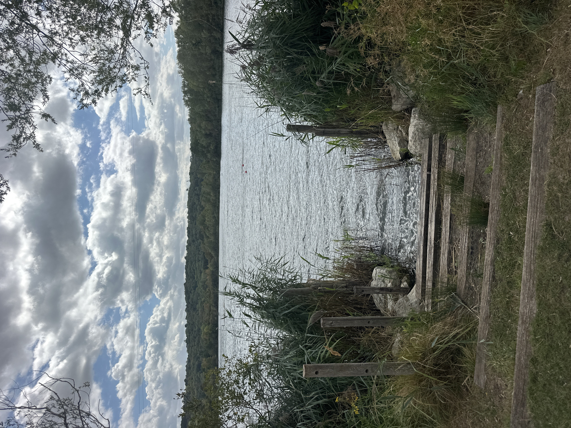 An outdoor, medium shot captures a body of water at the Jablines-Annet lake in Jablines, France. The lake's surface is rippled under a cloudy sky. In the foreground, wooden steps lead down to the water, flanked by reeds and rocks. The background features a treeline of lush green foliage. The scene appears to be a natural recreational area.