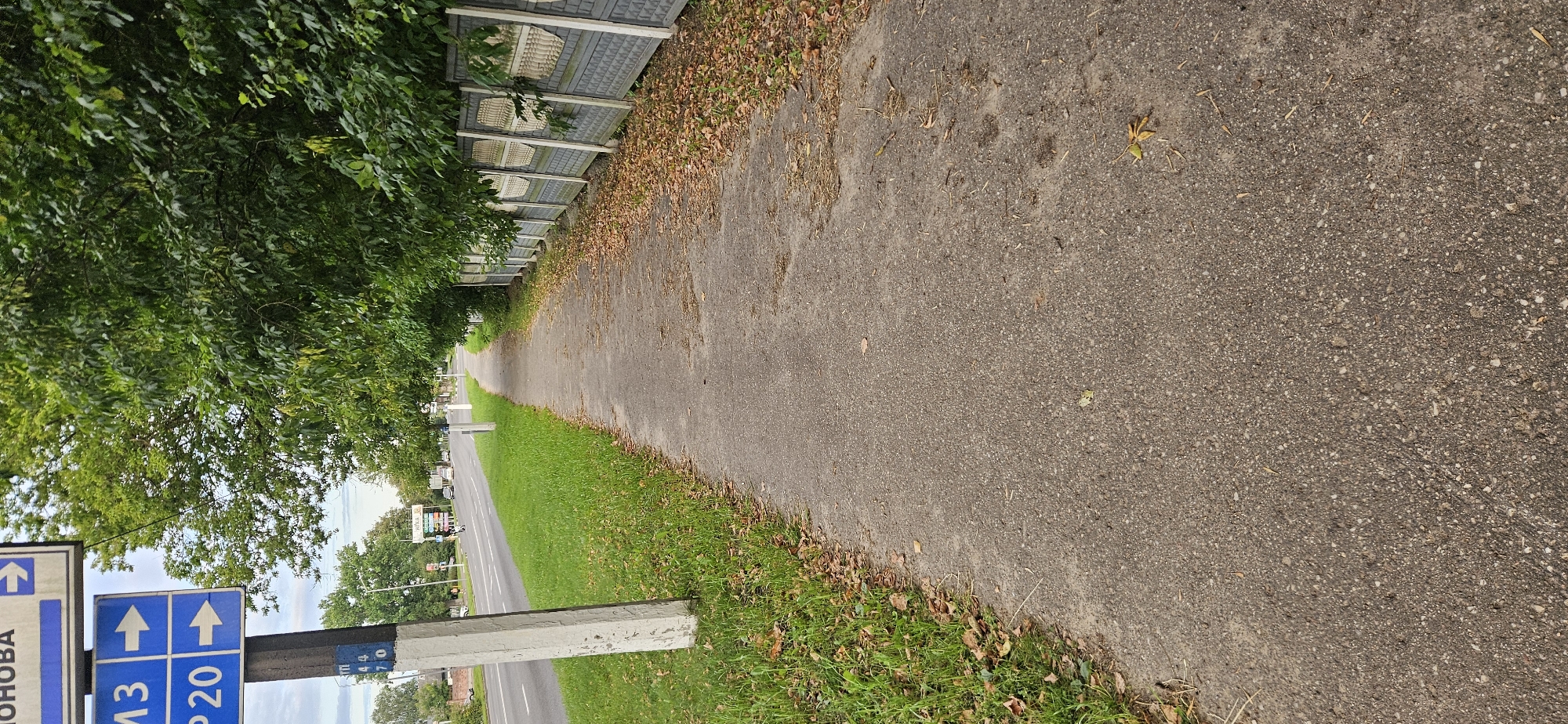 The image depicts a paved sidewalk running alongside a road in Vitsebsk, Belarus. A concrete and metal fence borders the sidewalk on the right, with a row of trees behind it. The road on the left has multiple lanes and is bordered by a grassy verge. A tall, weathered concrete post with blue directional signs is visible on the left side of the sidewalk, pointing towards destinations labeled "М3" and "Р 20". The weather appears overcast, and fallen leaves are scattered on the sidewalk and grass, suggesting it is autumn. A few vehicles are visible on the road in the distance. The scene is an urban environment with typical roadside infrastructure.