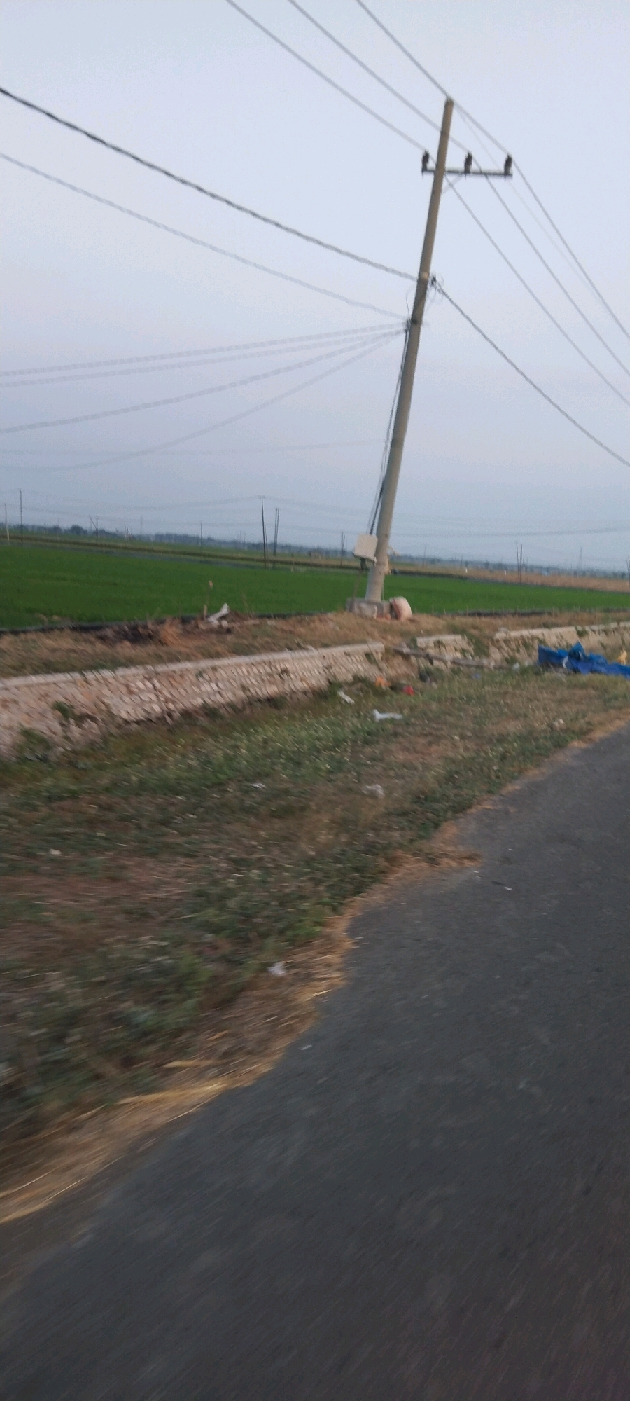 The image depicts a rural scene in Ngujo, Indonesia, characterized by a leaning utility pole dominating the right side of the frame. The pole, made of concrete, is angled significantly to the left and supports multiple power lines that stretch across the hazy sky. To the left of the pole, a vibrant green field, likely agricultural, extends into the distance. A low, stone-like retaining wall or barrier runs horizontally in the mid-ground, separating the field from a patch of dry, grassy ground littered with debris, including plastic bags and what appears to be broken building materials. The foreground consists of a paved surface, possibly a road, with a blurred effect indicating motion. In the far distance, more utility poles and power lines are visible, suggesting a sparsely populated area with electrical infrastructure. The overall lighting suggests either early morning or late afternoon, with a diffused sky. There are no people or animals clearly visible in the image.