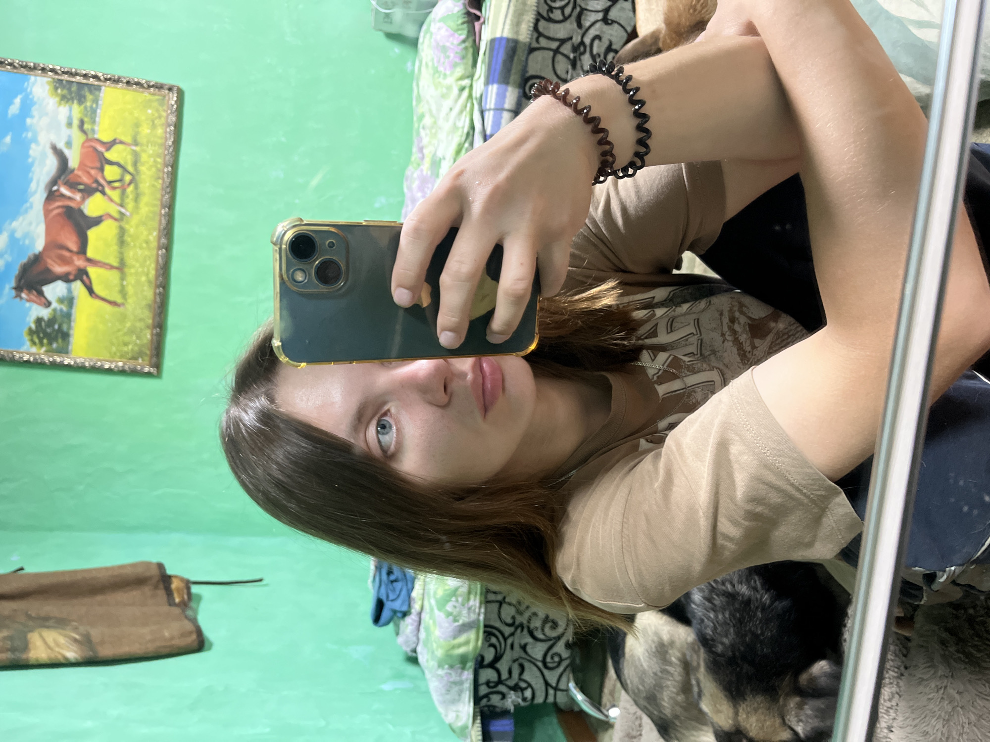 A young woman with long brown hair is taking a mirror selfie in a room. She is looking into a smartphone with a gold-colored case, which she is holding in her right hand. The woman is wearing a beige t-shirt. Her left arm is resting on her chest. There are two spiral hair ties on her left wrist, one brown and one black. To the left of the woman, a dog, likely a husky mix, is sleeping on a furry rug. Behind the woman, a bed with a green and white patterned comforter is visible. The walls of the room are painted green. A framed picture of two horses running in a field hangs on the wall above the bed. A brown piece of fabric, possibly a tapestry or rug, is hanging on the wall to the left of the picture. The room appears to be residential. The image was taken in Nizhny Tagil, Russia.