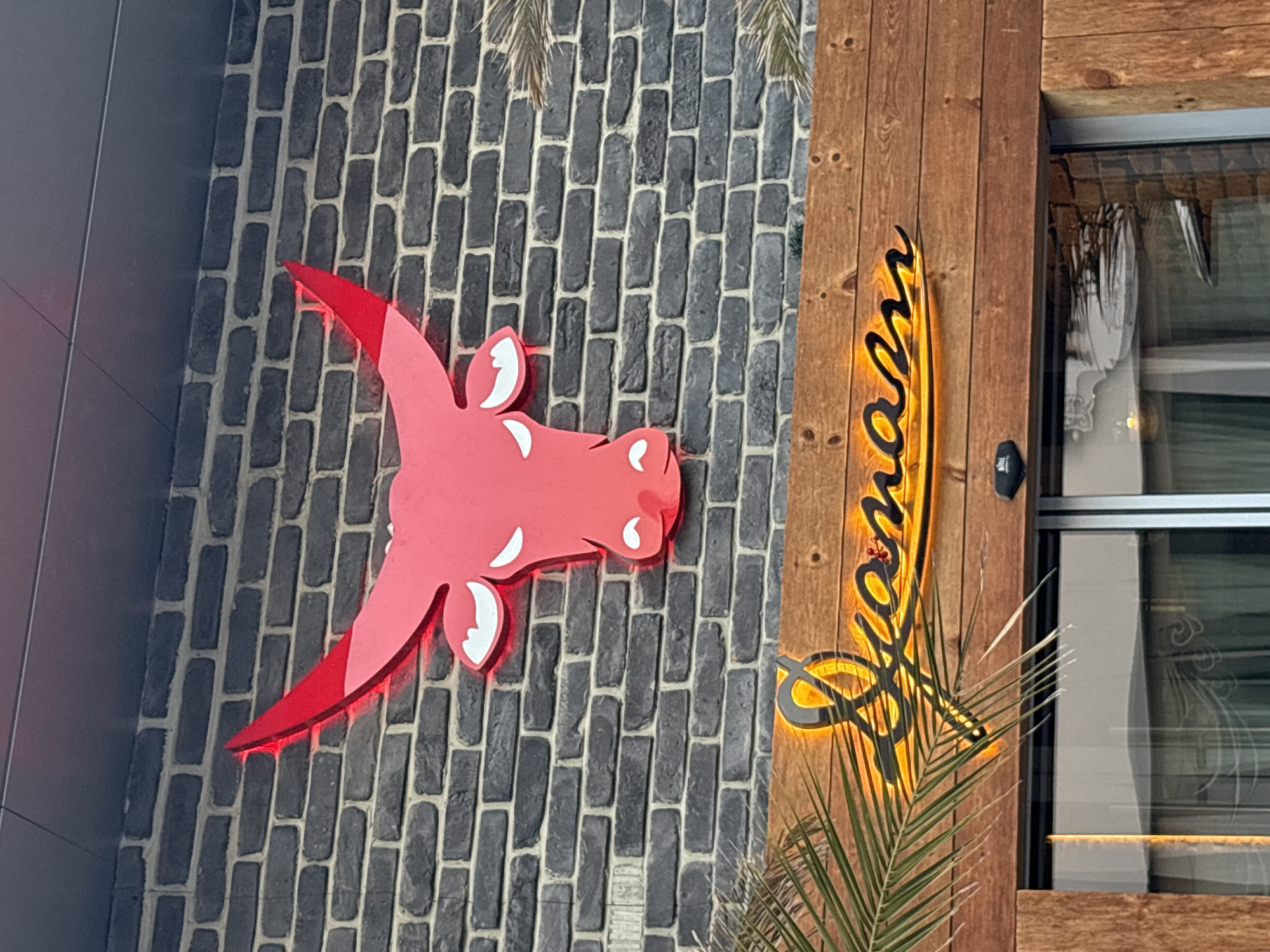 An outdoor view in Plovdiv, Bulgaria, shows a restaurant's signage. A stylized, red cow's head with illuminated edges is mounted on a gray brick wall. To the right, a wooden panel displays the restaurant's name in illuminated cursive script. A palm-like plant partially obscures the name. A window with visible interior decorations is to the right of the wooden panel.