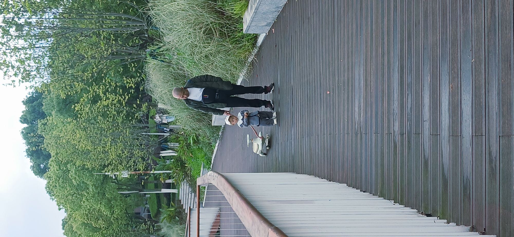 An adult male and a small child are seen walking along a modern wooden boardwalk in what appears to be a park or landscaped urban area. The image is set in the Chongqing High-tech Zone, China.
The adult, dressed in a dark jacket, white t-shirt, and dark trousers with a fanny pack worn across his chest, walks on the left side of the frame, looking down towards the child. The child, wearing light-colored clothing and a hat, is on the adult's right, pushing a light-colored ride-on toy (possibly a scooter or small bicycle). Both are walking in the same direction along the boardwalk.
To the right of the boardwalk is a strip of overgrown, tall, light green grasses and a grey concrete barrier. Beyond this, the background is filled with lush green trees and foliage, indicating a natural or heavily planted environment. On the left side of the boardwalk, a grey railing with brown supports is partially visible, suggesting an elevated path or overlook.
The lighting suggests it is daytime, possibly overcast or late afternoon, as there are no harsh shadows. The wooden planks of the boardwalk appear somewhat damp or reflective, indicating either recent rain or a polished surface. No discernible text is visible in the image. The scene conveys a calm, leisurely stroll.