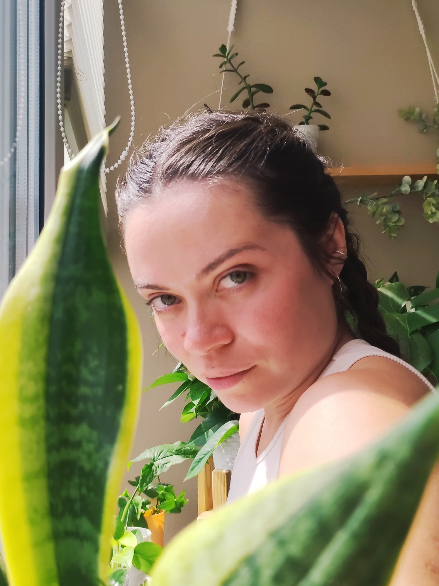 A woman with dark hair braided into pigtails and green eyes is looking at the camera from behind a snake plant. She is wearing a white tank top and has a small hoop earring in her left ear. She is in a room with a window on the left, showing a pull-up blind and a string of pearls. There are several potted plants around her, including a jade plant on a shelf and a snake plant in the foreground. The background is a pale beige wall. The lighting suggests it is daytime and sunny.
