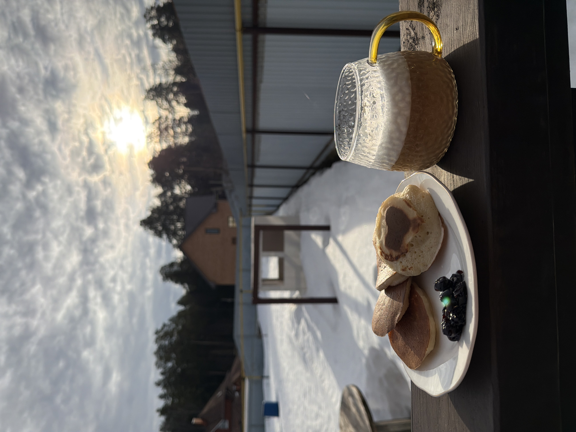 The image shows a plate of pancakes with a side of blueberries and a glass mug, likely containing a beverage. The food is positioned on a dark-colored surface, seemingly a railing or ledge, with a background that suggests an outdoor setting.
Beyond the ledge, there's a view of a snowy landscape. Structures resembling residential buildings are visible among trees, and the sky is partially covered with clouds, with the sun shining through. The buildings appear to be of a standard residential construction, with gable roofs.
The photo shows a breakfast scene taken outdoors on what appears to be a winter day. Given the presence of snow and architectural style, this aligns with the city of Chaikovsky, Russia.