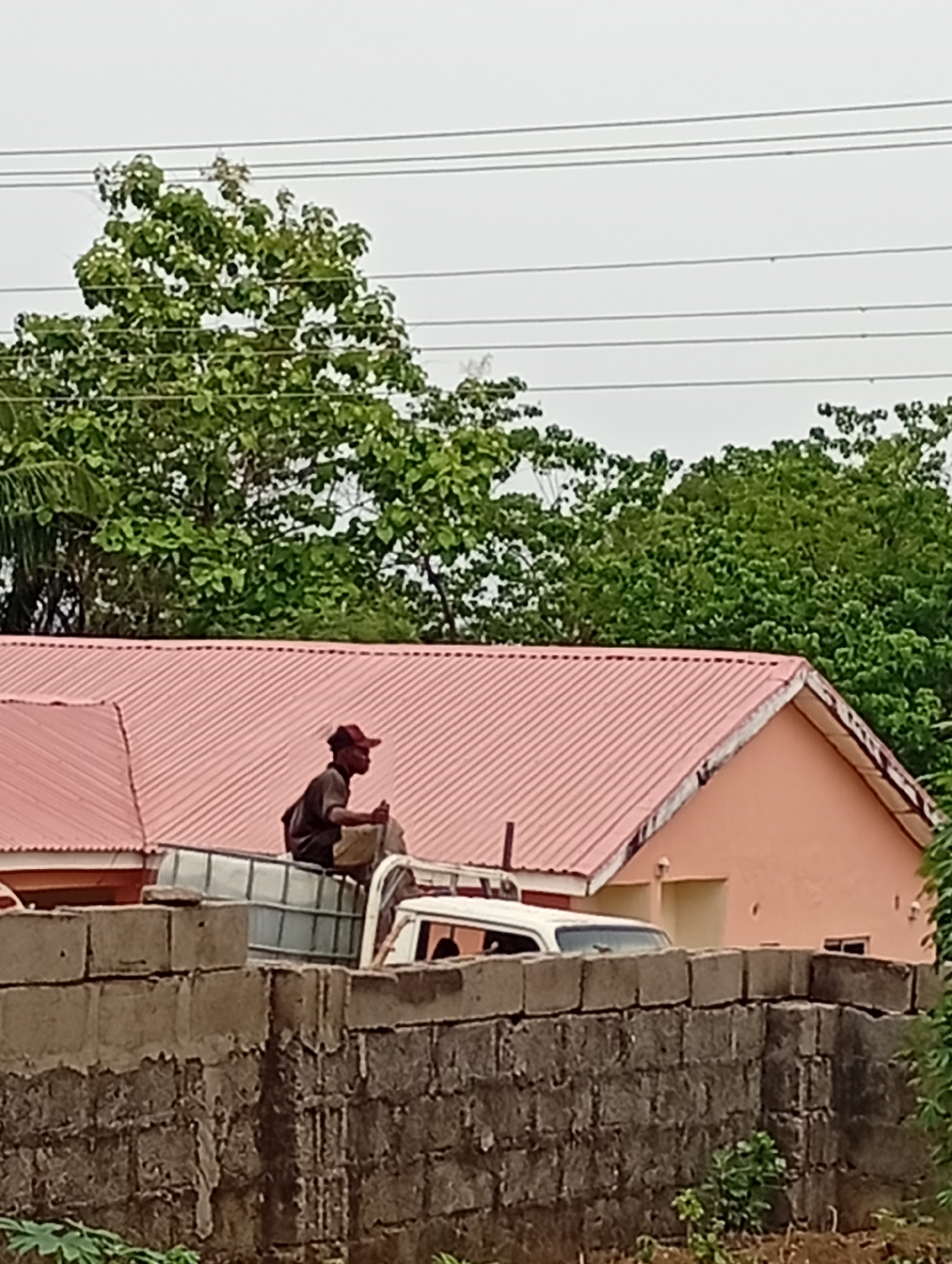 The image depicts a man standing on a white pickup truck behind a gray brick wall. The truck appears to be carrying a large container. The man is wearing a dark shirt and a red cap. Behind the truck and wall is a peach-colored building with a red corrugated roof. Trees are visible behind the building and a gray overcast sky is present. The location is identified as Adankolo, Nigeria, based on the prompt.