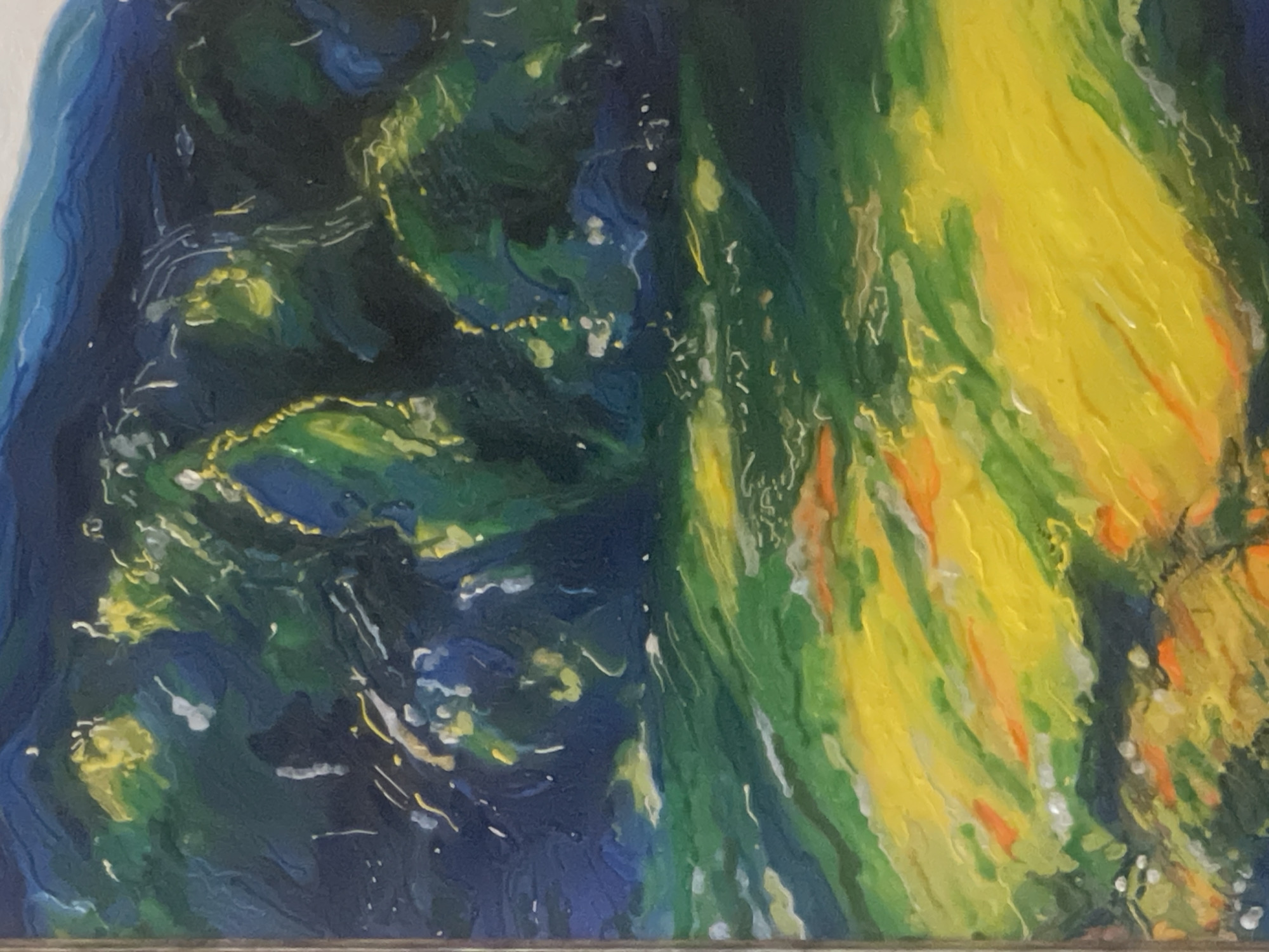This is an oil painting depicting a landscape. The foreground is dominated by a vibrant, impressionistic field of yellow and green, interspersed with streaks of orange and white, suggesting sunlight or wildflowers. The middle ground is a darker, richer green, representing foliage or trees, with hints of blue and white paint suggesting dappled light filtering through. The background is a deep blue, possibly representing the sky or distant hills. There are no people or man-made structures visible in the painting. The style is abstract and expressive, with visible brushstrokes and a textured application of paint. The image does not provide any specific details that would allow for identification of a location within Minsk, Belarus.