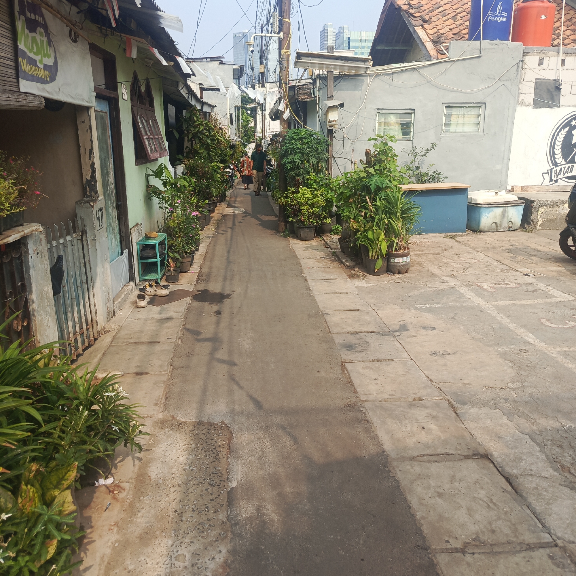The image depicts a narrow alleyway in a densely populated urban area of South Jakarta, Indonesia. The alley is lined with modest houses and buildings, some appearing weathered and others more recently constructed. Greenery, in the form of potted plants and small trees, is abundant along the sides of the alley, suggesting an effort to bring nature into the confined space.
In the background, modern high-rise buildings are visible, contrasting sharply with the more traditional, lower-rise structures in the foreground. This juxtaposition highlights the dynamic urban development occurring in the city. The presence of electrical wires strung across poles indicates a typical urban infrastructure.
In the middle ground, two individuals are walking away from the camera down the alley. One is wearing a dark green shirt and light-colored pants, while the other is wearing a patterned skirt and top. They appear to be casually walking.
Various objects are scattered along the alley. A blue shelf holding shoes is placed near a gate. Flip-flops are also visible on the ground. In the background, large water tanks, one blue and labeled "Penguin," and another orange, are perched on rooftops, a common sight in areas with variable water supply. A portion of a motorcycle is visible on the right side of the frame.
The ground surface of the alley is paved with concrete and asphalt, showing signs of wear and tear. Some areas appear wet, possibly from recent rain or cleaning. Shadows from the buildings and the overhead wires are cast across the ground, indicating the time of day is likely late morning or afternoon. The overall impression is of a lived-in, functional urban environment where everyday life unfolds amidst the city's growth.