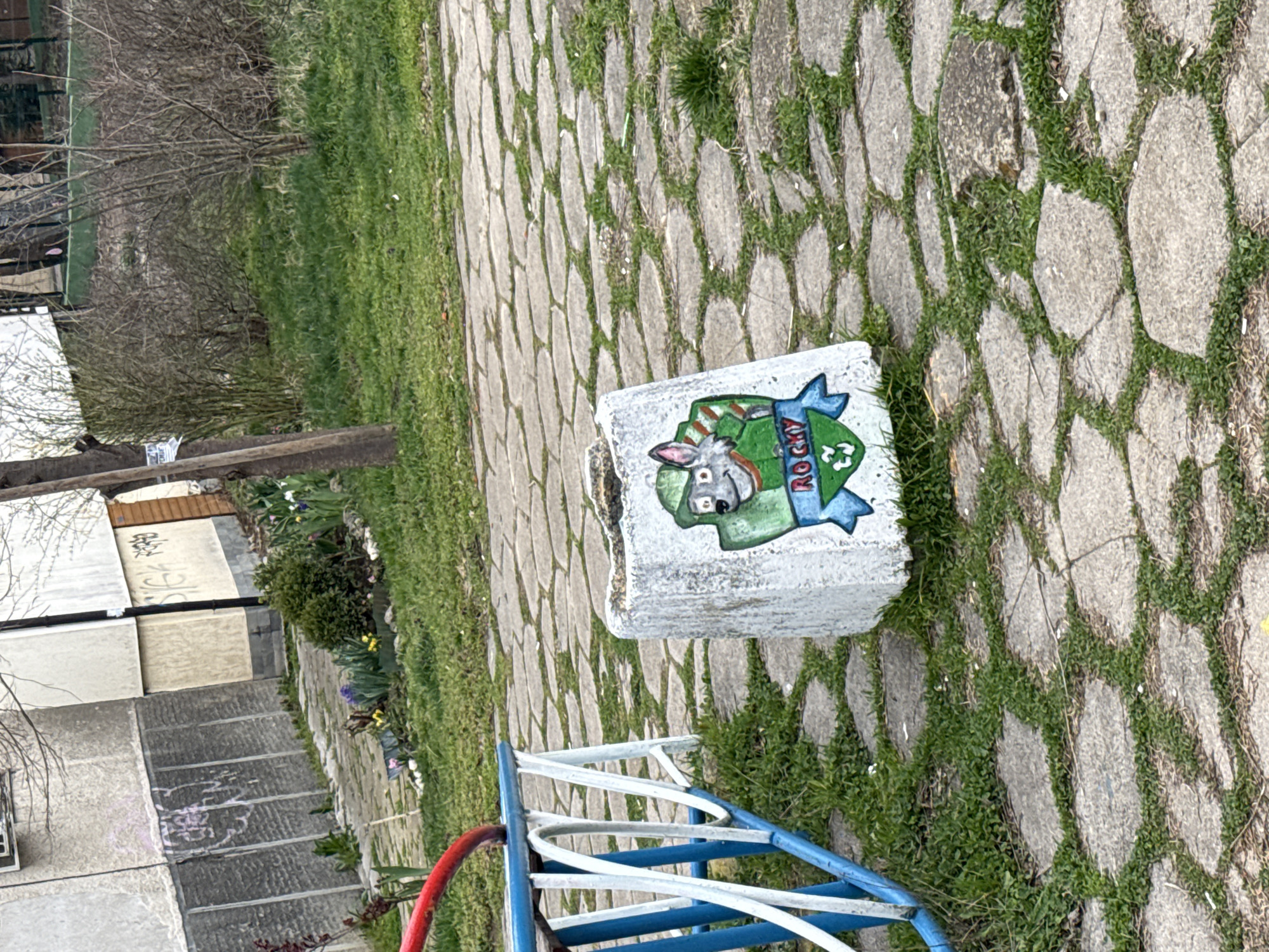 The image shows a playground scene in Sofia, Bulgaria. A white concrete block is situated on a paved area overgrown with grass. The block is decorated with a cartoon drawing of a donkey wearing a helmet and a scarf, with the name "Rocky" written on it. Part of a blue and white metal playground structure with a red handle is visible in the foreground. In the background, there is a building with graffiti on its walls and trees with bare branches. The overall impression is of a slightly unkempt but colorful outdoor space.