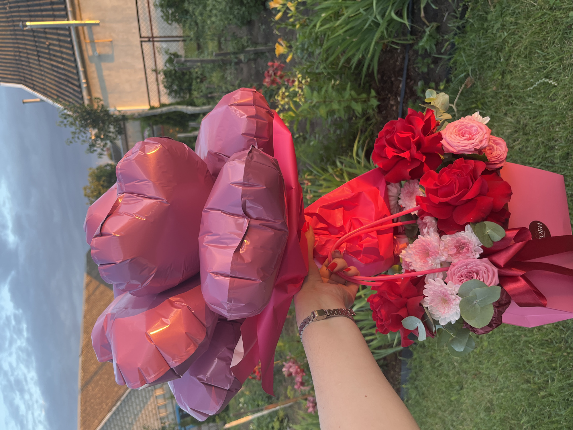 In an outdoor setting, likely a garden, a person's arm and hand are visible holding a pink box filled with a floral arrangement and a bouquet of pink heart-shaped balloons. The floral arrangement features red roses, pink roses, and small pink and white chrysanthemums, with eucalyptus leaves. The balloons are clustered at the top, obscuring much of the background which includes a tiled roof house, a fence, and green foliage. The lighting suggests it is either early morning or late afternoon, with a warm glow on the balloons and house. The location is identified as Sarotski Sel'ski Savet, Belarus.