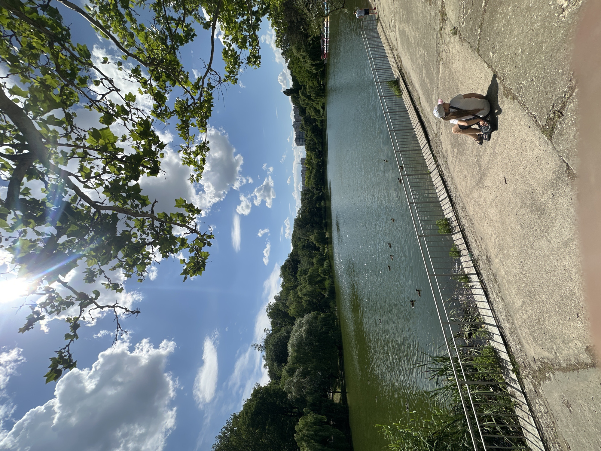 The image shows a sunny day with a person crouching on a concrete embankment next to a body of water, likely a lake or canal, in Chișinău, Moldova. The person, wearing a light-colored t-shirt, shorts, a cap, and a bag, is looking down. Several ducks are visible swimming in the green water. A metal railing separates the embankment from the water, with lush green trees and foliage lining the far bank. In the distance, buildings can be seen behind the trees. The sky is bright blue with fluffy white clouds, and the sun is shining, casting shadows. The overall scene suggests a relaxed outdoor setting, possibly a park or recreational area. No visible text is present in the image.
