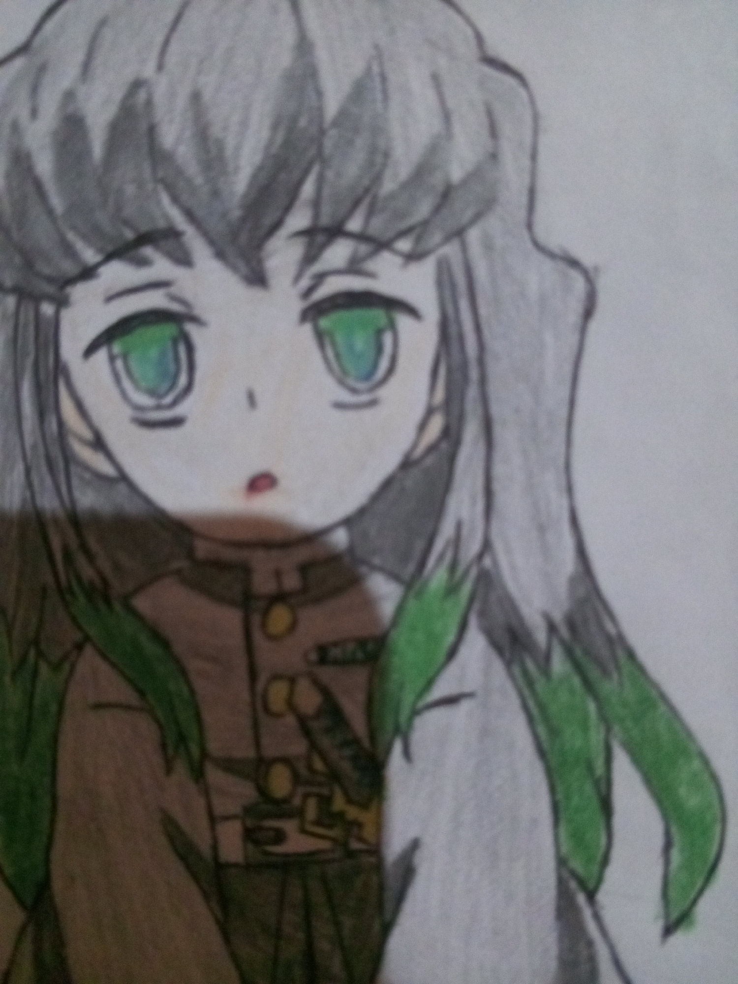 This is a close-up, lightly colored pencil drawing of an anime-style character. The character has long, light gray hair with some green accents. They have large, round, green eyes and a small, slightly open mouth. The character is wearing a brown uniform with gold buttons and a green sash. The drawing is not in focus and appears to be a sketch rather than a finished piece. There is no indication in the image that it is located in Altagracia, Venezuela or any other specific location.