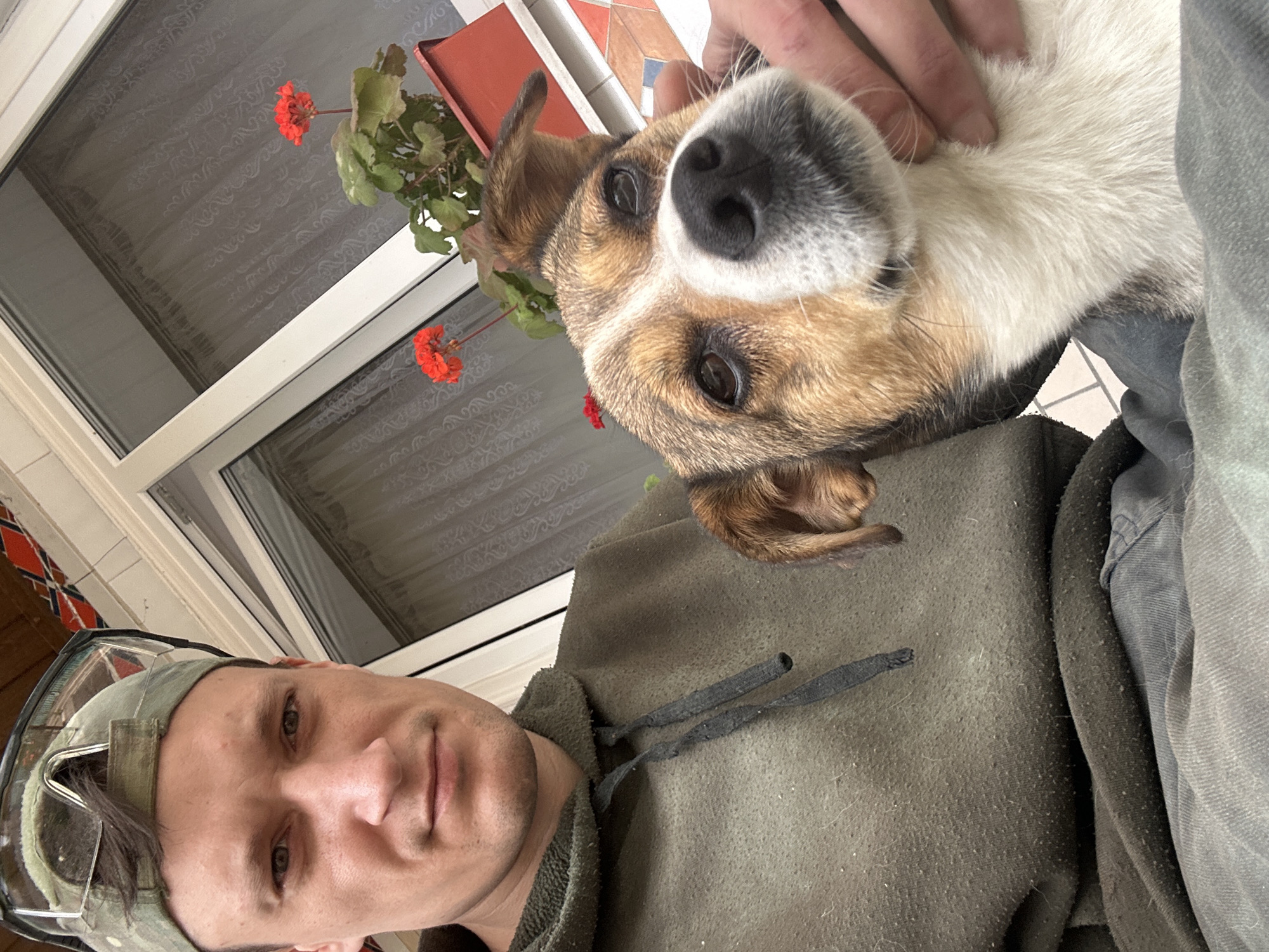 In Makiv, Ukraine, a man wearing a camouflage baseball cap with safety goggles perched on top, and a faded green hoodie, poses for a selfie. He is holding a small dog, a mix breed with brown, white, and black fur, close to his chest. The dog's face, with expressive dark eyes and a black nose, is prominently featured in the foreground. In the background, a window with sheer curtains is visible, and on the windowsill, a red planter holds green plants with bright red flowers. The scene appears to be outdoors, likely on a porch or balcony, given the exposed ceiling beams and tiled flooring visible at the top and bottom edges of the image, respectively. The man's hand is gently stroking the dog's chin, suggesting a close bond between them.