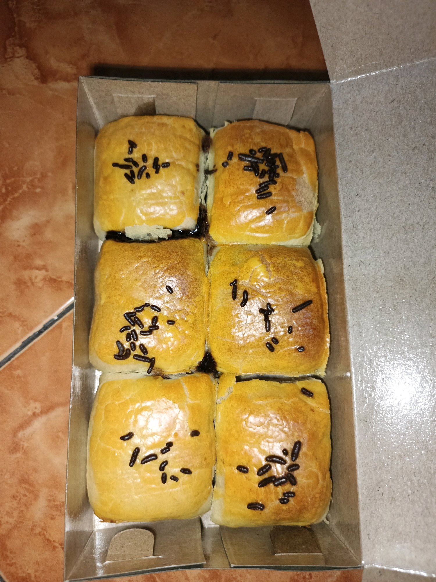 In Ketegan, Indonesia, six rectangular pastries with golden-brown baked dough are neatly arranged in a two-column by three-row configuration within a light brown cardboard box. Each pastry is topped with a scattering of dark chocolate sprinkles. The box is placed on a surface with a warm, reddish-brown tiled pattern, likely a floor or table, visible in the background. The lighting suggests an indoor environment, potentially a home or a small shop.