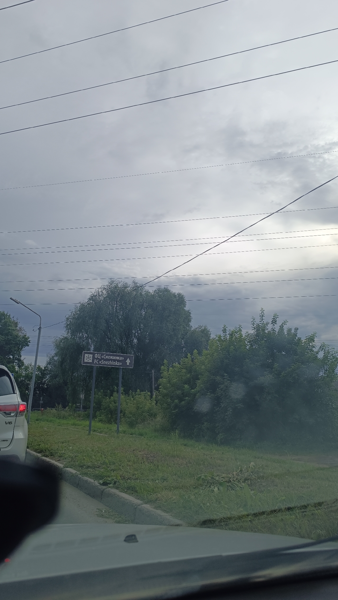 The image shows a street scene in Chaikovsky, Russia, with a signpost indicating "FC «Снежинка»" (FC "Snezhinka"). The sign is dark with white text and an arrow pointing upwards. Behind the sign, there are large green trees and lush vegetation. Overhead, multiple power lines are visible against a cloudy, overcast sky. To the left, a street lamp is present. In the foreground, the hood and windshield of a vehicle are visible, suggesting the photo was taken from inside a car. A white SUV is partially visible on the left side of the frame. The overall impression is that of a somewhat overcast day in a semi-urban or suburban area.