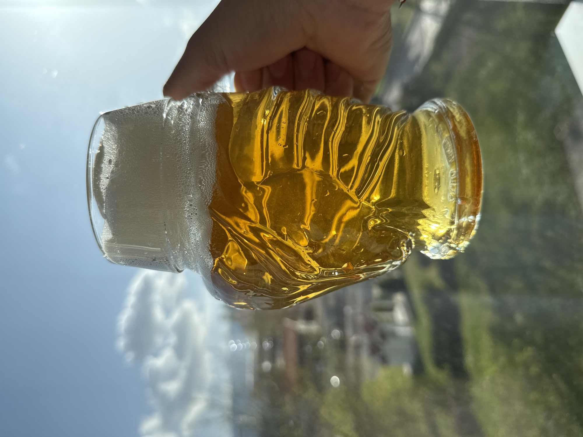 A hand holds a glass of beer, tilted sideways. The beer is golden and topped with white foam. The background features a blurry outdoor scene with trees, a sky with clouds, and possibly buildings, as viewed through a window. While it is difficult to positively ascertain, there is no concrete evidence to determine if the photo was taken in the city of Sofia, Bulgaria.