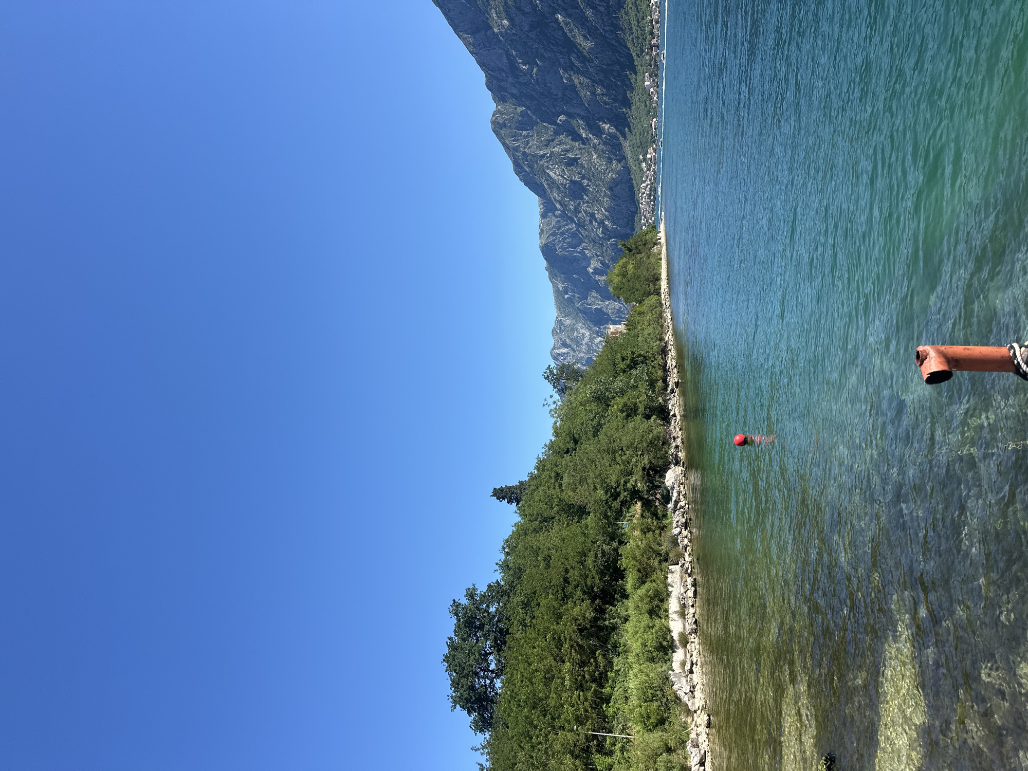 The image shows a view along the coastline in Dobrota, Montenegro. The sea occupies the right half of the frame, with sunlight creating shimmering patterns on the water's surface. A red buoy floats in the water, and a portion of a rusty orange metal pipe structure with a rope attached is visible on the right edge of the frame. The coastline features a rocky edge with lush green vegetation and trees extending upwards along a slope. In the background, a large, steep mountain range dominates the skyline. The sky is clear and blue. The image seems to be rotated counterclockwise, and it conveys a sense of a tranquil coastal landscape on a clear day.