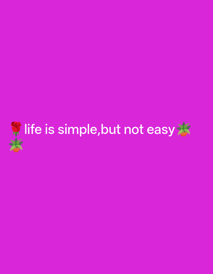 The image is a text-based graphic with a solid magenta background. White text reads "life is simple,but not easy" positioned centrally. To the left of the text is a red rose emoji, and to the right is a green potted plant emoji. The image does not depict any specific location in Payagaboh, Indonesia, or any real-world elements.