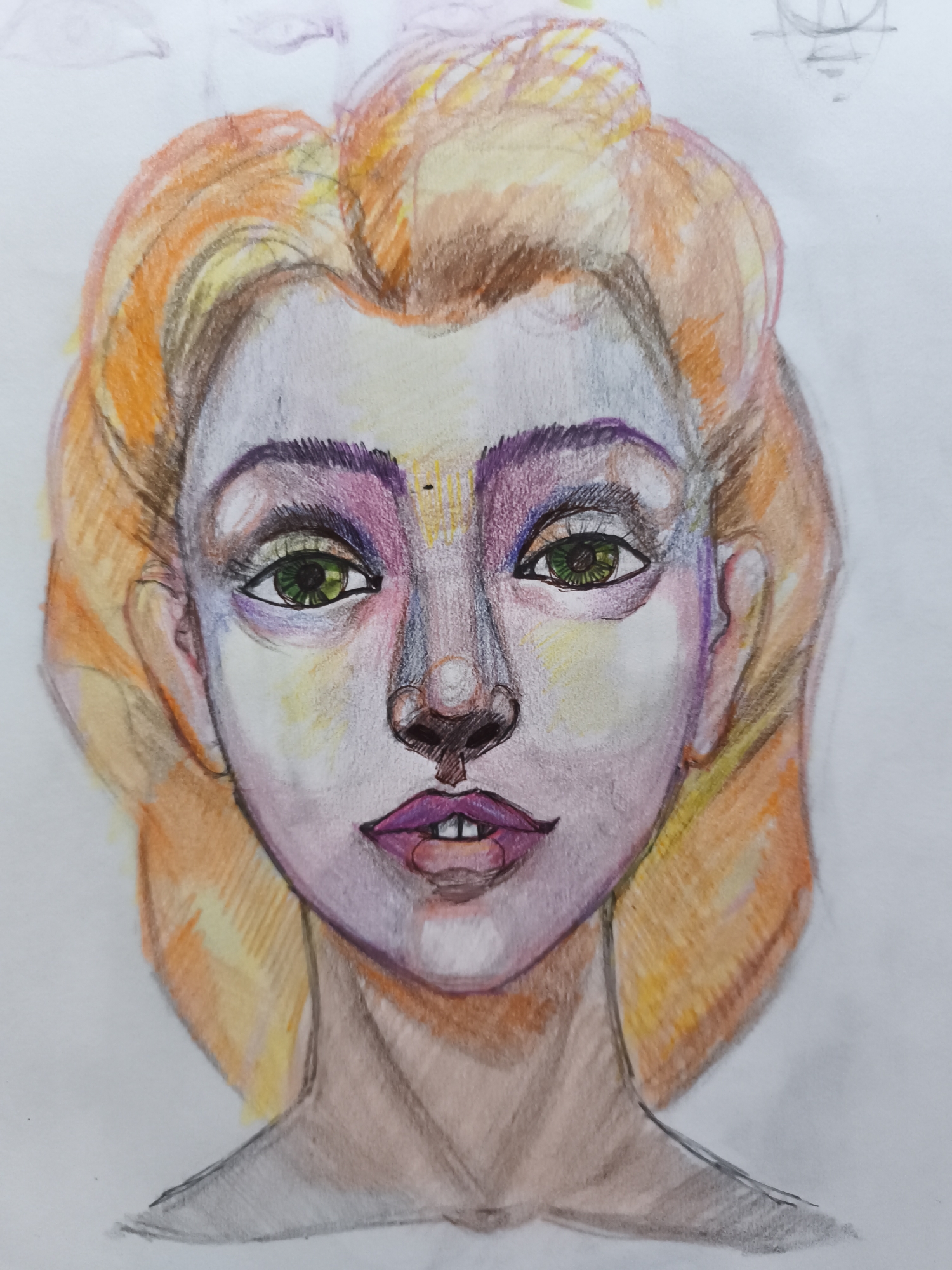 This is a close-up, eye-level, colored pencil drawing of a young woman's face. She has bright green eyes, purple eyebrows, and pink lips. Her hair is a vibrant orange with streaks of yellow and brown. The background is white. There are faint pencil sketches of other faces in the upper background. The subject is depicted from the shoulders up. The drawing is rendered in a somewhat stylized manner, with bold colors and visible pencil strokes. There is no indication of a specific location in Saint-Denis, France, or any environmental details.