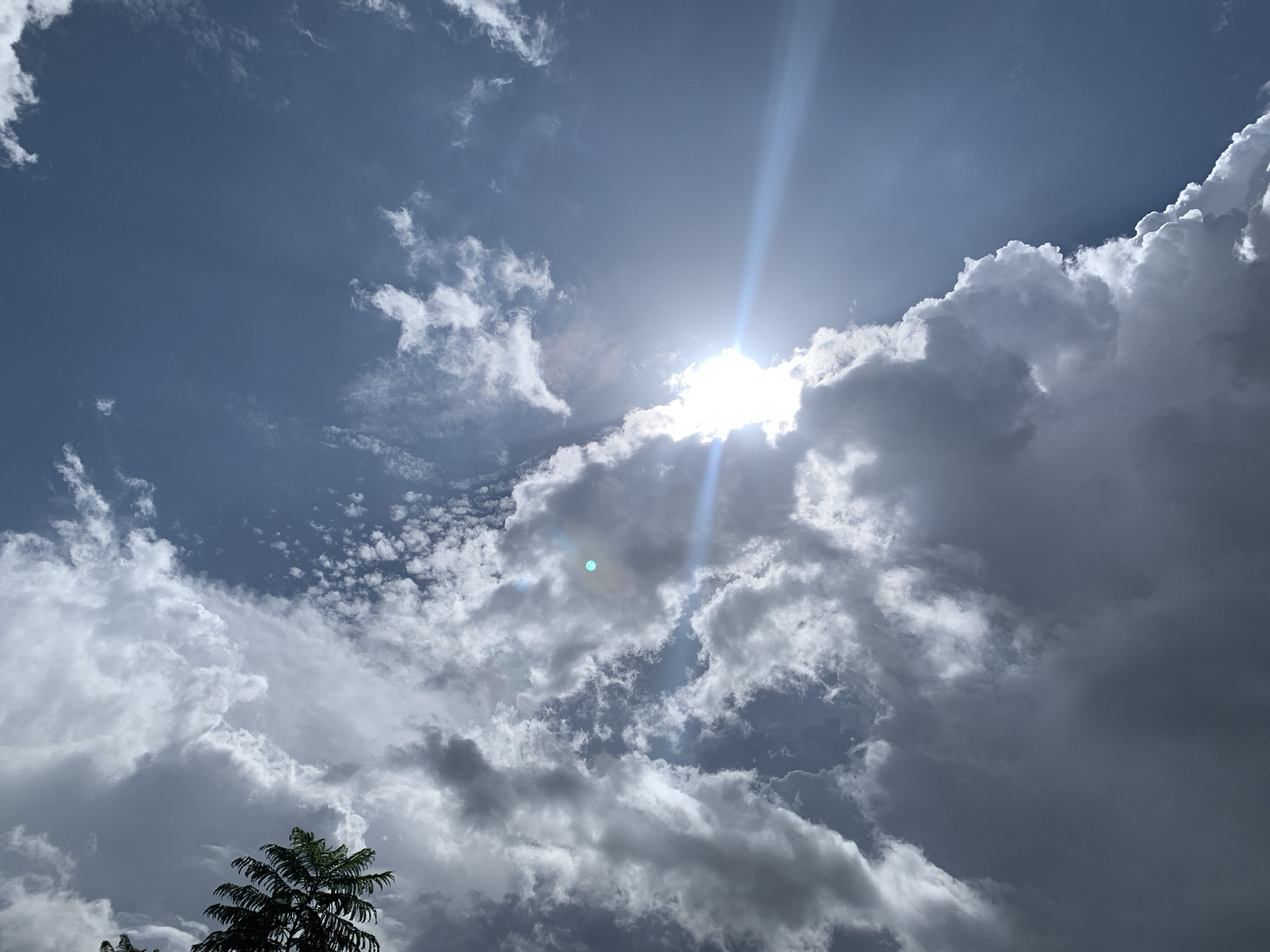 The image captures a dramatic sky filled with a mix of dense, dark storm clouds and lighter, wispy clouds. The sun is partially obscured by a bright, white cloud, creating a powerful sunburst with visible light rays extending outwards, some appearing as blue streaks due to lens flare. A faint green lens flare is also visible lower in the frame. The dynamic interplay of light and shadow suggests a dynamic weather event, possibly the approach or passage of a storm. In the lower left corner, the dark silhouette of the top of a palm tree is visible against the turbulent sky. The scene is outdoors, with the sky being the dominant subject. The time of day is likely midday or afternoon, given the intensity of the sun, but the presence of storm clouds adds an element of uncertainty. No people, objects (other than the tree), or text are visible in the image. The overall mood is one of awe and perhaps a hint of foreboding due to the imposing storm clouds. The location context of Kuru Karama, Nigeria, is not visually represented in the image itself, but it provides a geographical setting for the natural phenomenon depicted.