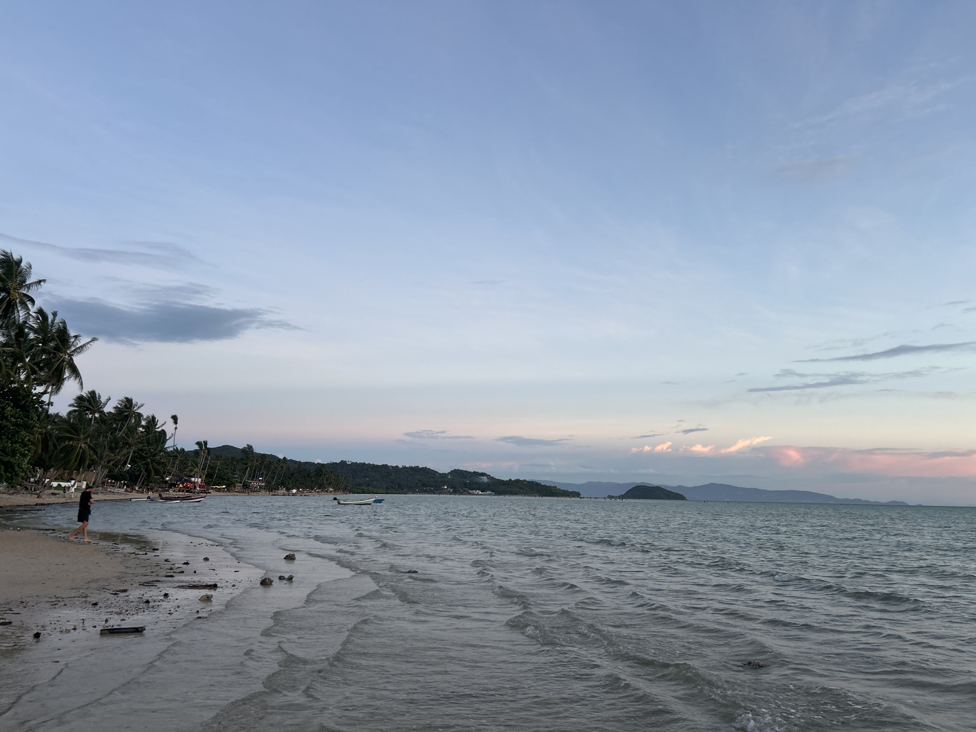 An expansive, low-angle shot captures the tranquil twilight scene of a beach in Ko Pha-ngan District, Thailand. The sky above is a soft gradient of pale blue, transitioning to a delicate pink and lavender hue near the horizon, with wispy clouds scattered across its expanse. The calm sea gently laps at the sandy shore, creating intricate patterns of receding waves. Palm trees, characteristic of the region, line the left side of the frame, their fronds rustling in the breeze.
Along the shoreline, several small boats are anchored in the shallow water. In the mid-ground, a figure dressed in dark clothing walks along the wet sand, their back to the viewer. Beyond the beach, a line of buildings and structures, possibly shops or resorts, are visible nestled amongst the trees, illuminated by soft lights. In the distance, the silhouetted forms of hills and mountains rise, their shapes softened by the fading light. The overall atmosphere is one of serene natural beauty and coastal tranquility.