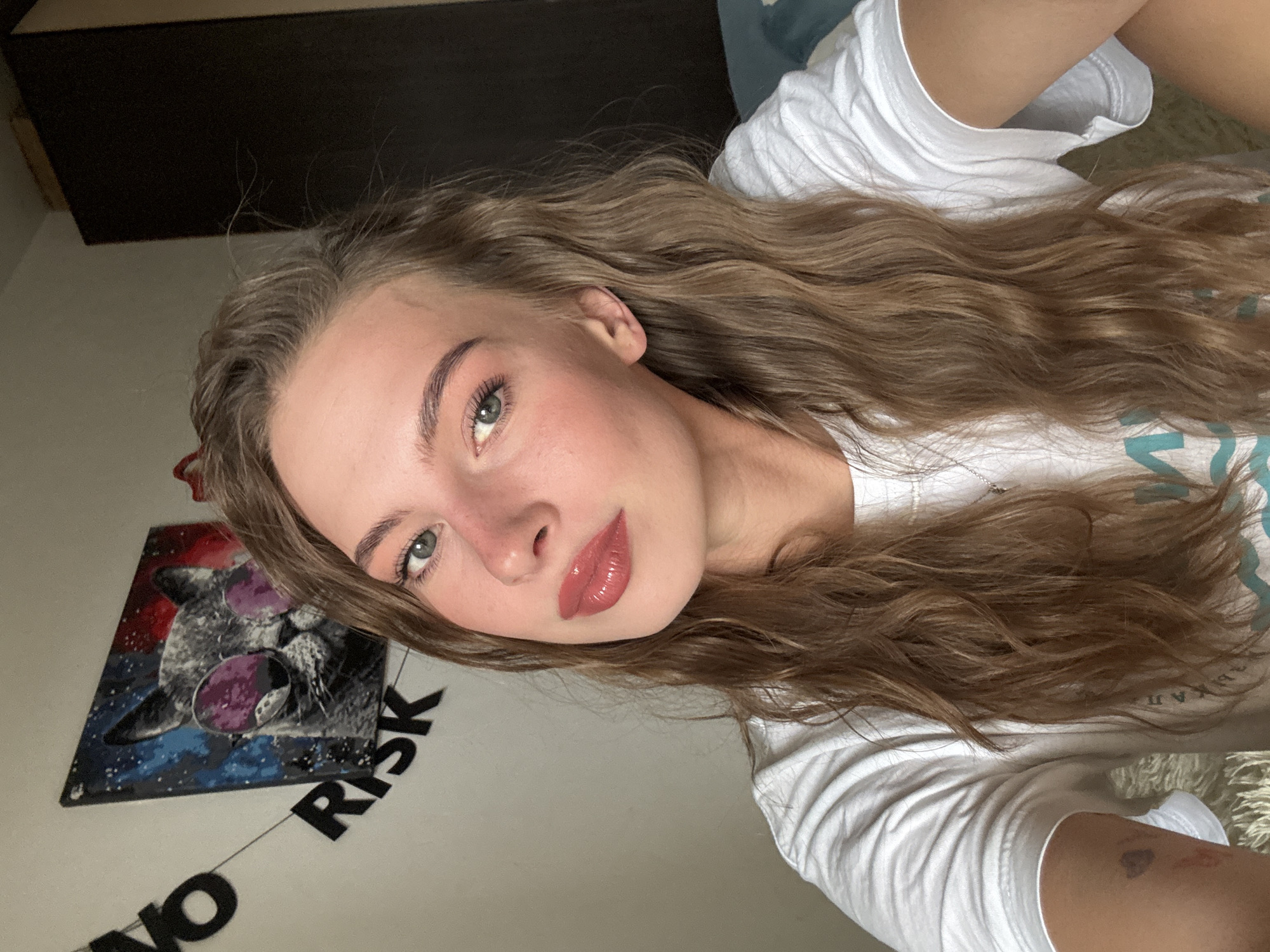 The image is a head-and-shoulders selfie featuring a young adult female indoors. She has long, wavy, light brown hair and light blue eyes that gaze directly at the camera. Her complexion is fair, with a reddish flush on her cheeks and the bridge of her nose. Her lips are full, glossy, and enhanced with a reddish-pink cosmetic. She is wearing a white short-sleeved t-shirt, and a thin silver necklace is visible. On her upper left arm, a small, faded heart-shaped mark is visible, along with a minor red abrasion below it.
The background consists of a light-colored wall decorated with black cutout letters on a string that spell "RISK" (the preceding "NO" is partially cropped out). Above and to the left of her head, a framed picture or canvas art depicts a gray cat wearing purple-lensed circular sunglasses. The background of this artwork is split between blue and red, featuring a starry pattern. A dark brown or black wardrobe or cabinet is partially visible in the upper right background. The lighting is soft and even, suggesting an ambient indoor light source. No visual information in the image indicates the specific city or country of the location.