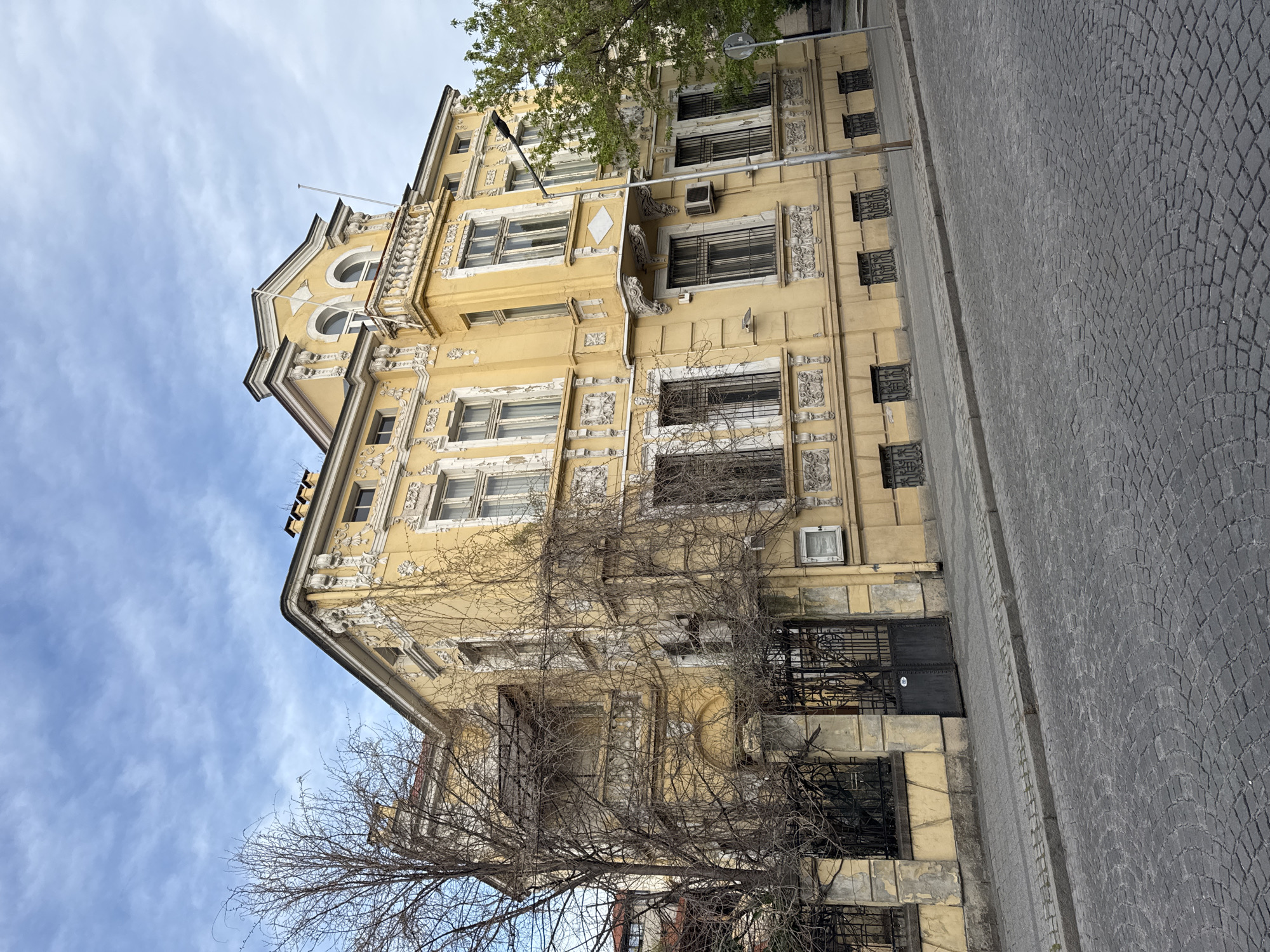 The image shows a multi-story, ornate yellow building in Plovdiv, Bulgaria. The building is positioned on the right side of the frame, with a cobblestone street adjacent to it. The facade of the building features decorative moldings and various window sizes with some windows having iron bars. A bare tree is situated in front of the lower floors. The sky, with light clouds, is visible to the left. The architectural style of the building appears historical.