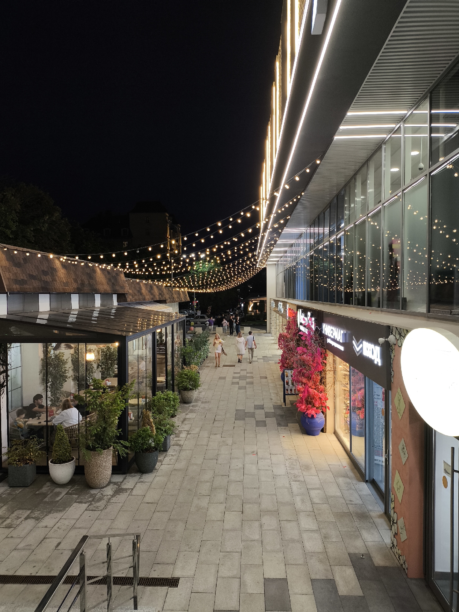 An overhead shot captures a bustling pedestrian walkway at night in Yessentuki, Russia, possibly a commercial district or outdoor dining area. String lights crisscross the sky, illuminating the scene with a warm glow. On the left, a glass-enclosed restaurant offers a glimpse of patrons dining at tables. Lush green plants in large pots line the walkway, adding a touch of nature to the urban setting. To the right, a modern building with large glass windows features storefronts, one adorned with vibrant pink flowers in a blue pot and illuminated signage. A few individuals are seen strolling along the walkway, enjoying the evening ambiance. The ground is paved with gray and beige square tiles. The overall impression is one of lively nighttime activity in a well-lit urban environment.