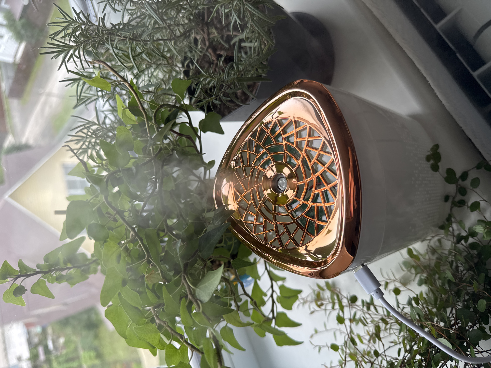 In the city of Bogolyubovo, Russia, on a windowsill, a white humidifier with a copper-colored patterned top is situated amongst potted plants. A white USB cable is plugged into the side of the humidifier. In the background, through a window, a street and houses are visible. The humidifier is emitting a visible mist.